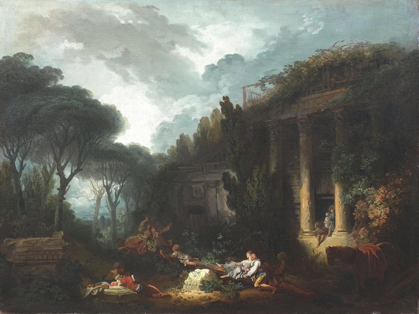 Jean-Honoré Fragonard, Le jeu de la bascule, paire de toiles, 75 x 93 cm.