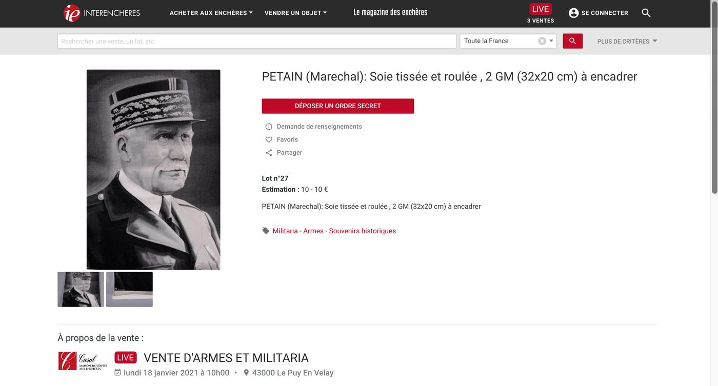 Un portrait du Maréchal Pétain proposé aux enchères chez Casal, au Puy-en-Velay, le 18 janvier 2021. Détail du catalogue de vente mis en ligne sur le site Interenchères.