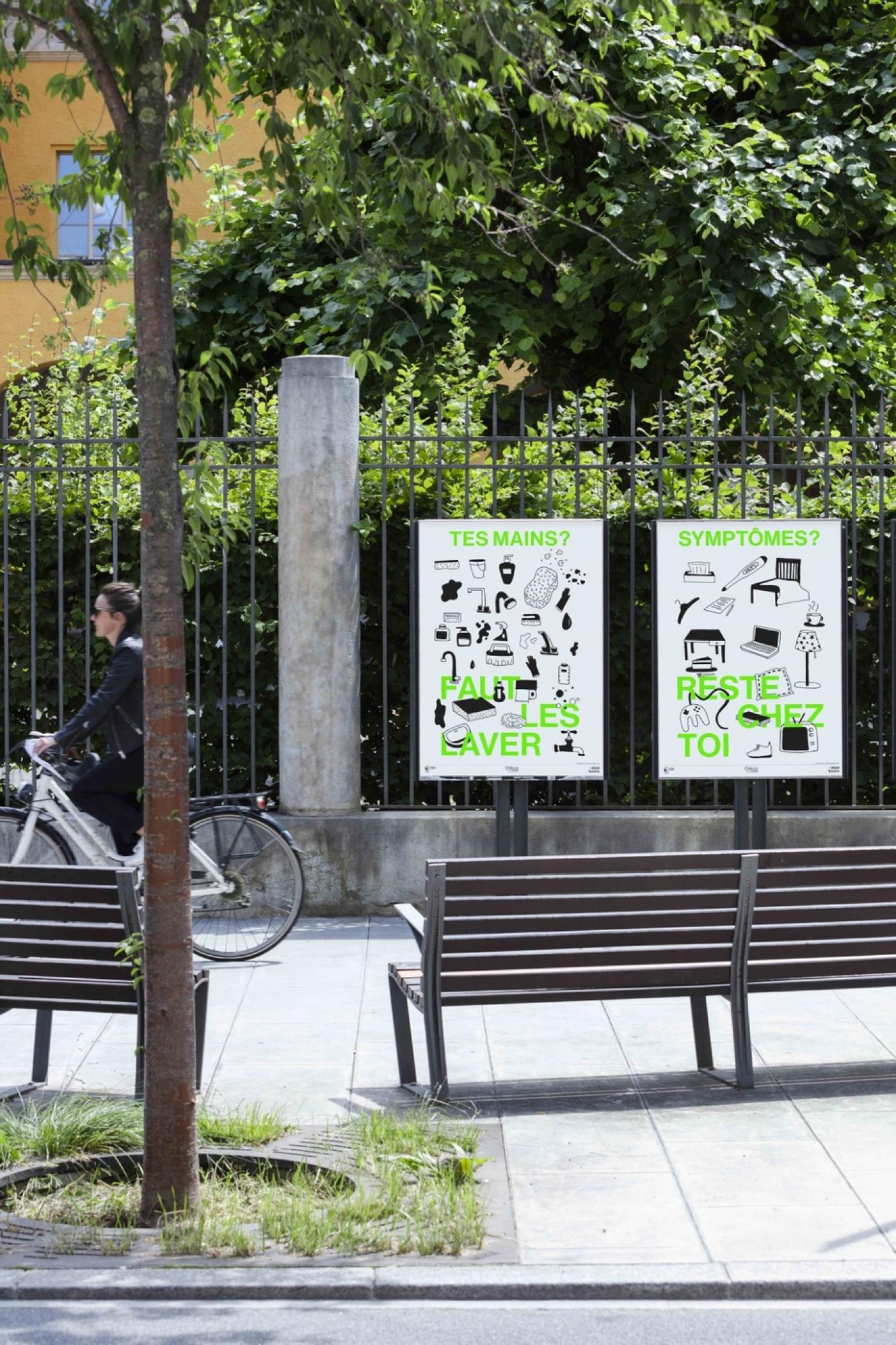 Affiches de Diane Dedoyan. À la demande du Département de la sécurité, de l'emploi et de la santé de la République et du canton de Genève, des étudiants de la HEAD ont réalisé une série de concepts visuels encourageant les jeunes entre 15 et 25 ans à suivre les mesures recommandées pour endiguer la pandémie.