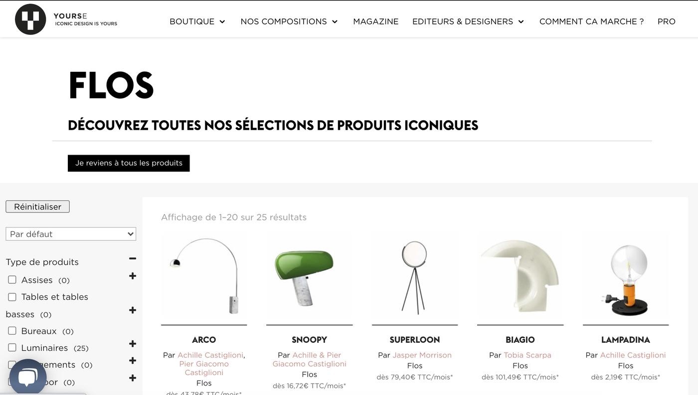 Luminaires Flos mis en location sur la plateforme Yourse.