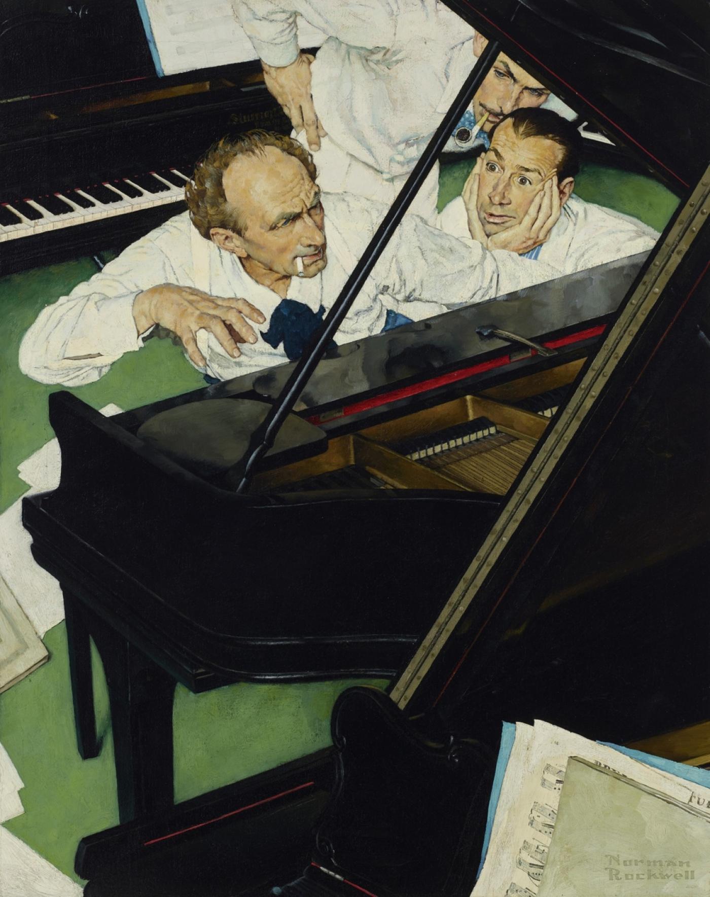 Norman Rockwell, Jeff Raleigh's Piano Solo ("'Oh Lord,' Jeff said prayerfully, 'I wish Alice was here. Oh, I wish she could hear this...'") (The Virtuoso), 1939, huile sur toile, 73 x 57,8 cm. Lot 217 de la vente « American Art » chez Christie's New York le 18 mai 2021.

