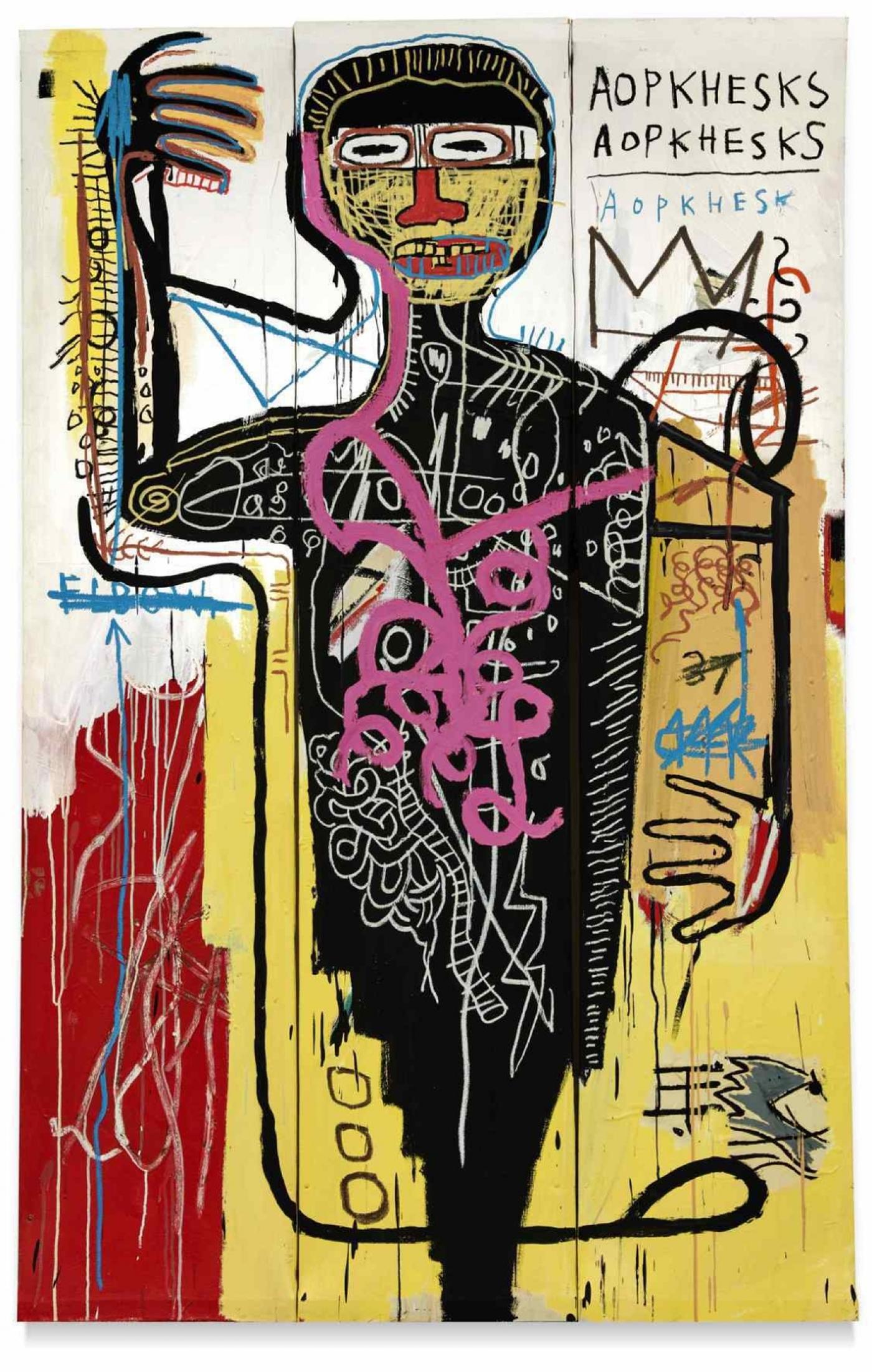 Jean-Michel Basquiat, Versus Medici, octobre 1982, acrylique, pastel gras et collage de papier sur trois toiles jointes, 214 x 137,8 cm. Lot 105 de la vente « Contemporary Art Evening Auction » chez Sotheby's New York le 12 mai 2021.