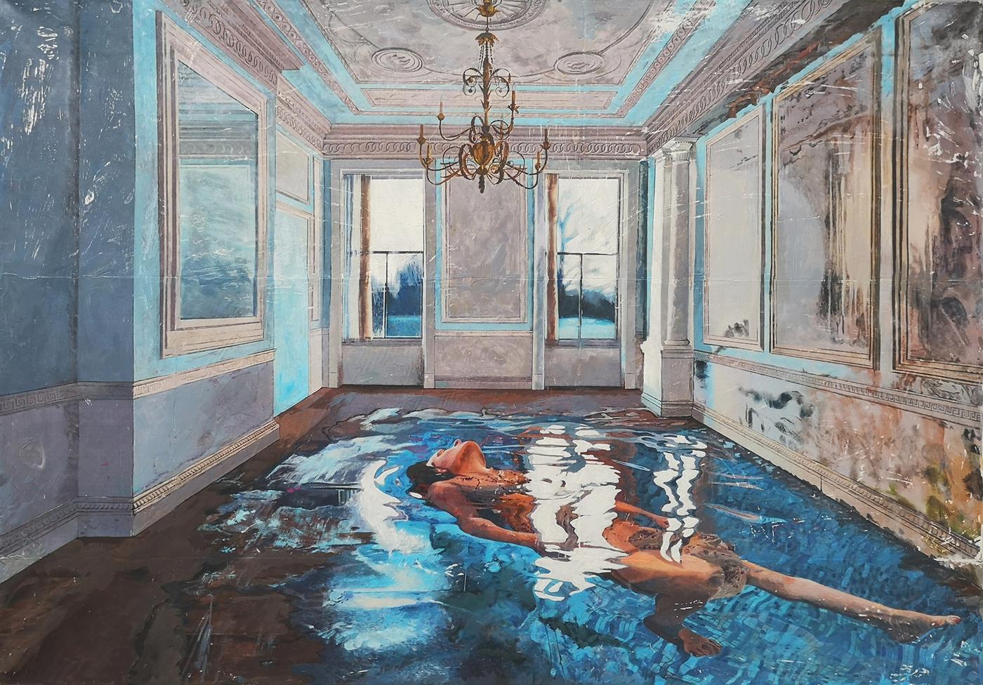 Ivana Zivic, "La Chambre Bleu", 2019, technique mixte, 100 x 70 cm.