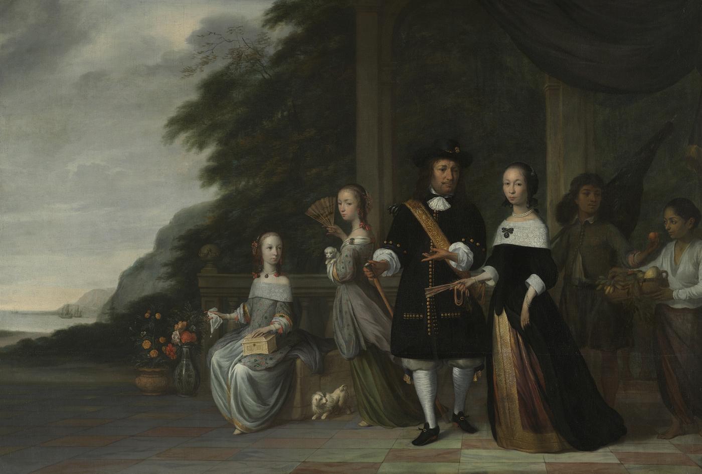 Jacob Coeman, "Surapati et une servante asservie avec la famille Cnoll" aussi connu sous le titre "Pieter Cnoll, Cornelia van Nijenrode, leurs filles et deux esclaves", 1665, huile sur toile, 132 × w 190,5 cm.