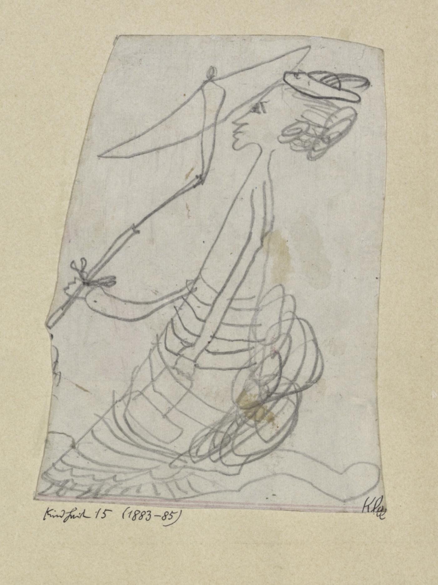 Paul Klee, Femme au parasol, 1883-1885, crayon sur papier sur carton, 11,2 x 8,2 cm. Dessin réalisé par l’artiste alors âgé de 4-6 ans et conservé au Zentrum Paul Klee, Berne.