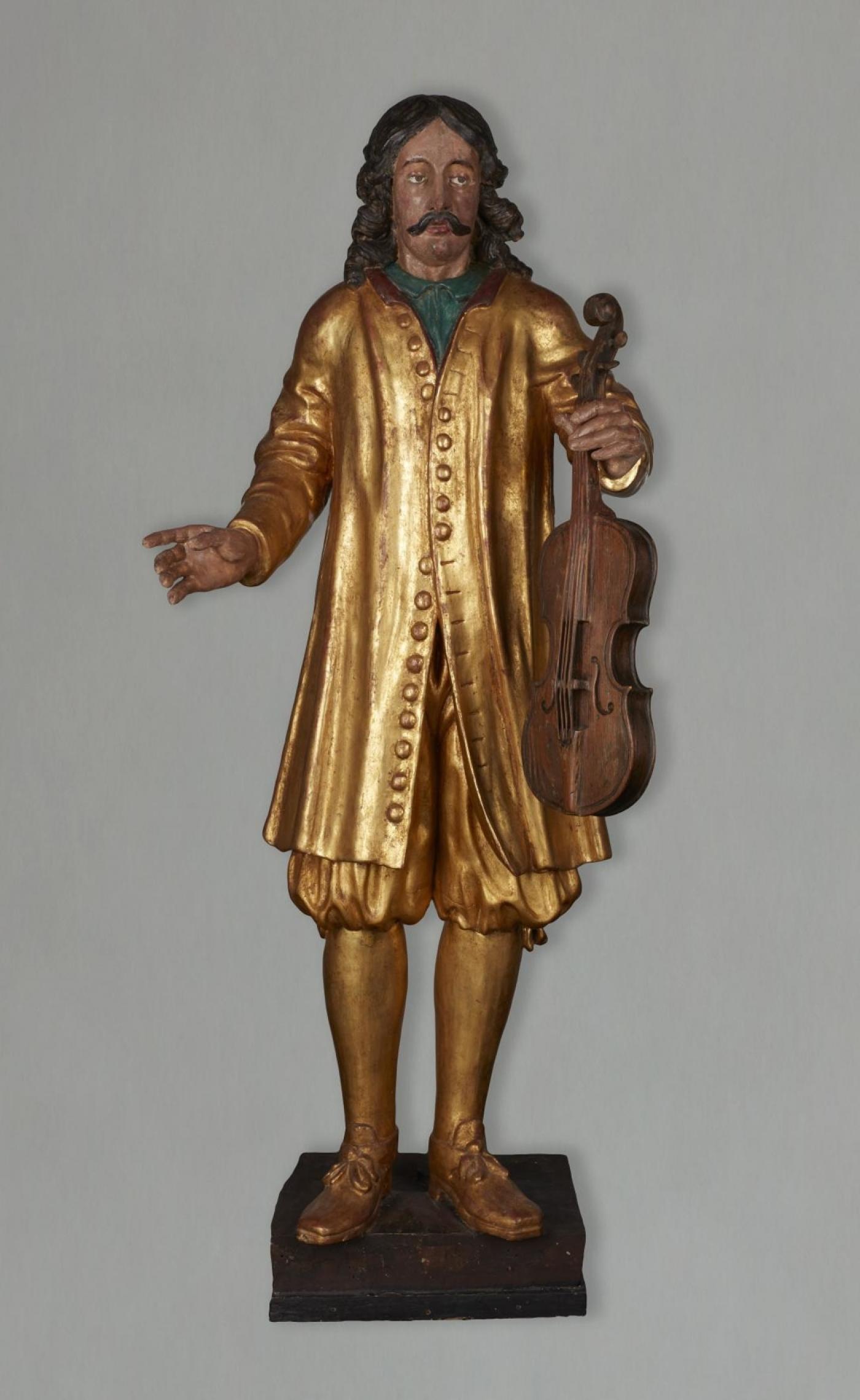 Anonyme, Au violoniste, enseigne de luthier (titre factice), 1675, bois sculpté et peint, dorure.