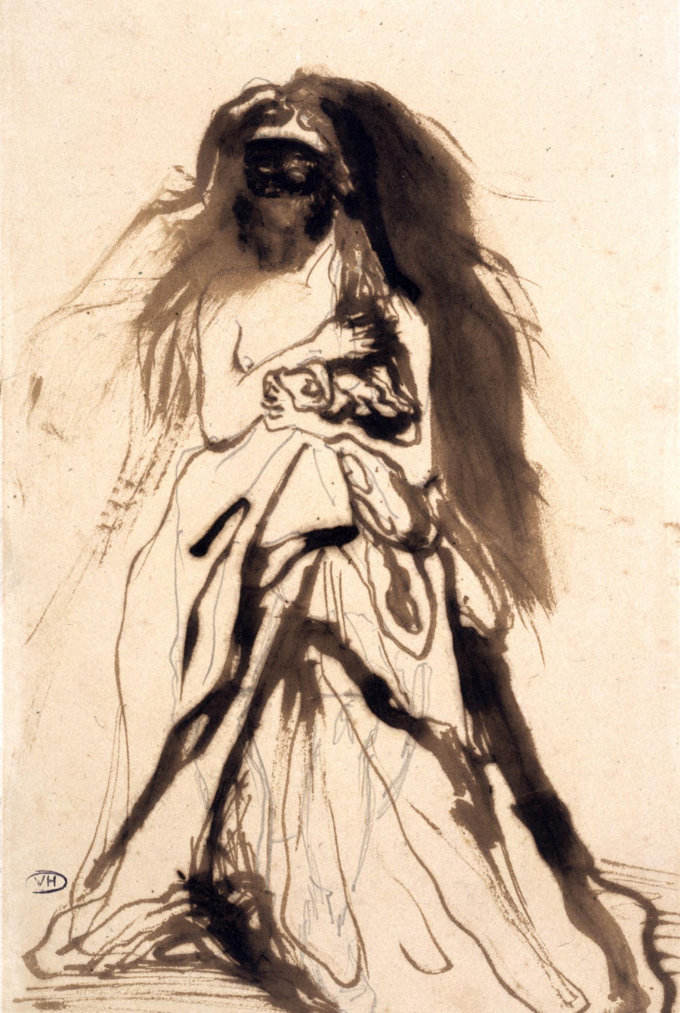 Victor Hugo, Femme masquée retenant son manteau, 1866, plume et lavis d'encre brune sur crayon de graphite sur papier vélin, 26,7 x 17,2 cm. Maison de Victor Hugo, Paris.