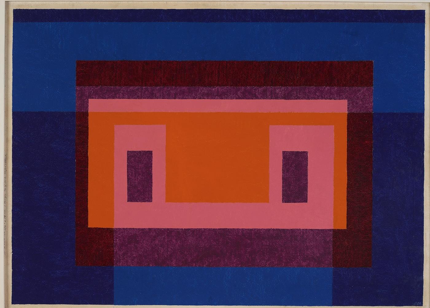 Josef Albers, 4 Central Warm Colors Surrounded by 2 Blues, 1948, huile sur masonite, 66 x 90,8 cm. Josef Albers Museum Quadrat Bottrop.