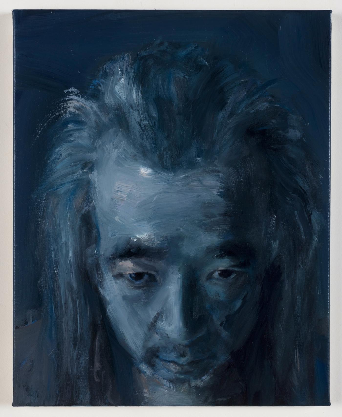 Yan Pei-Ming Autoportrait, le calme, 2020, huile sur toile, 50 x 40 x 2,5 cm.