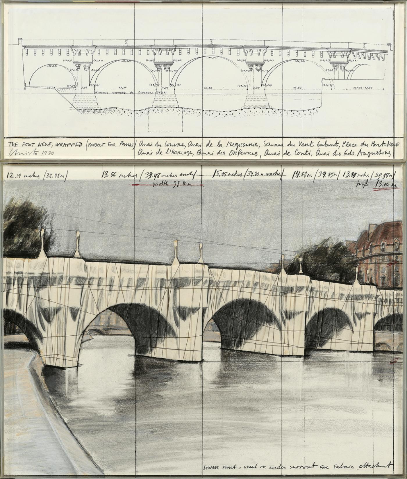 Christo, The Pont-Neuf wrapped, project for Paris, 1980, étude préparatoire, photographie, tissu et dessin collés sur papier marouflé sur bois, 86 x 72 cm.