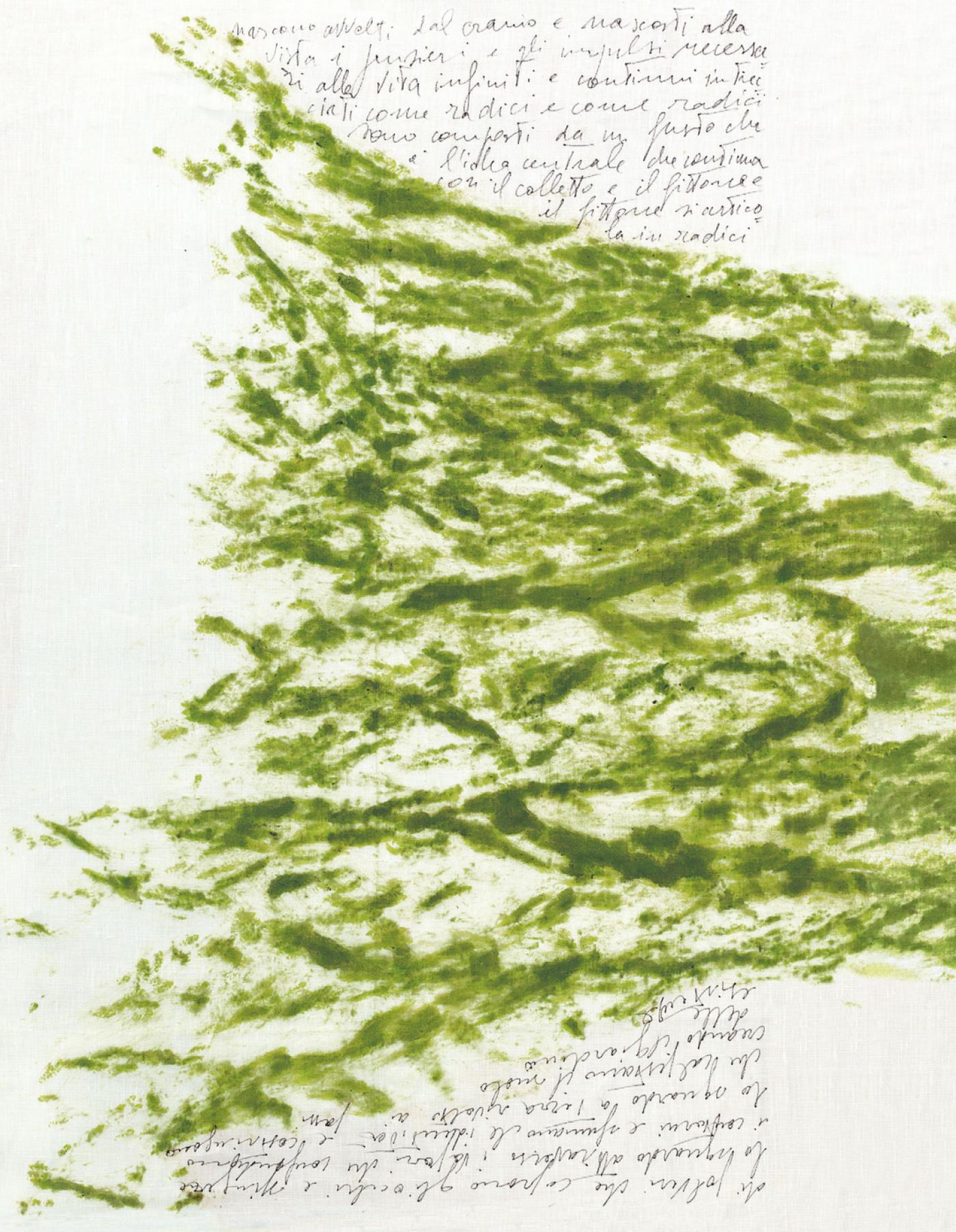 Giuseppe Penone, "Pensieri e linfa (Sève et pensée)", 2017-2018, toile, pigment végétal, encre.
Collection particulière.