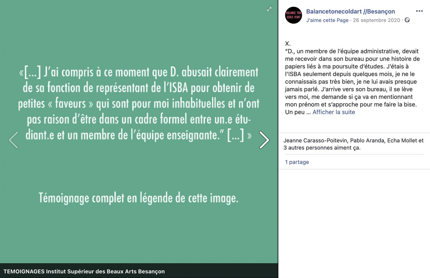 Capture d'écran d'un témoignage publié sur la page Facebook de Balance ton école d'art.