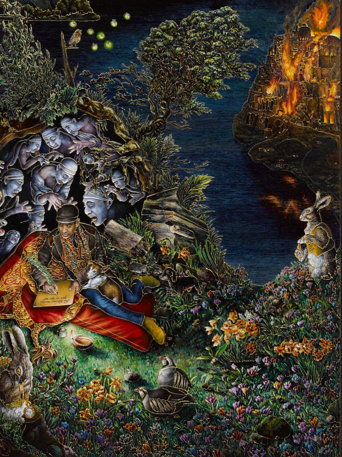 Raqib Shaw, "Exquisite penance in exile (after Cranach)", 2019-2020, revêtement acrylique et émail sur bois de bouleau, 73 x 53 cm.
