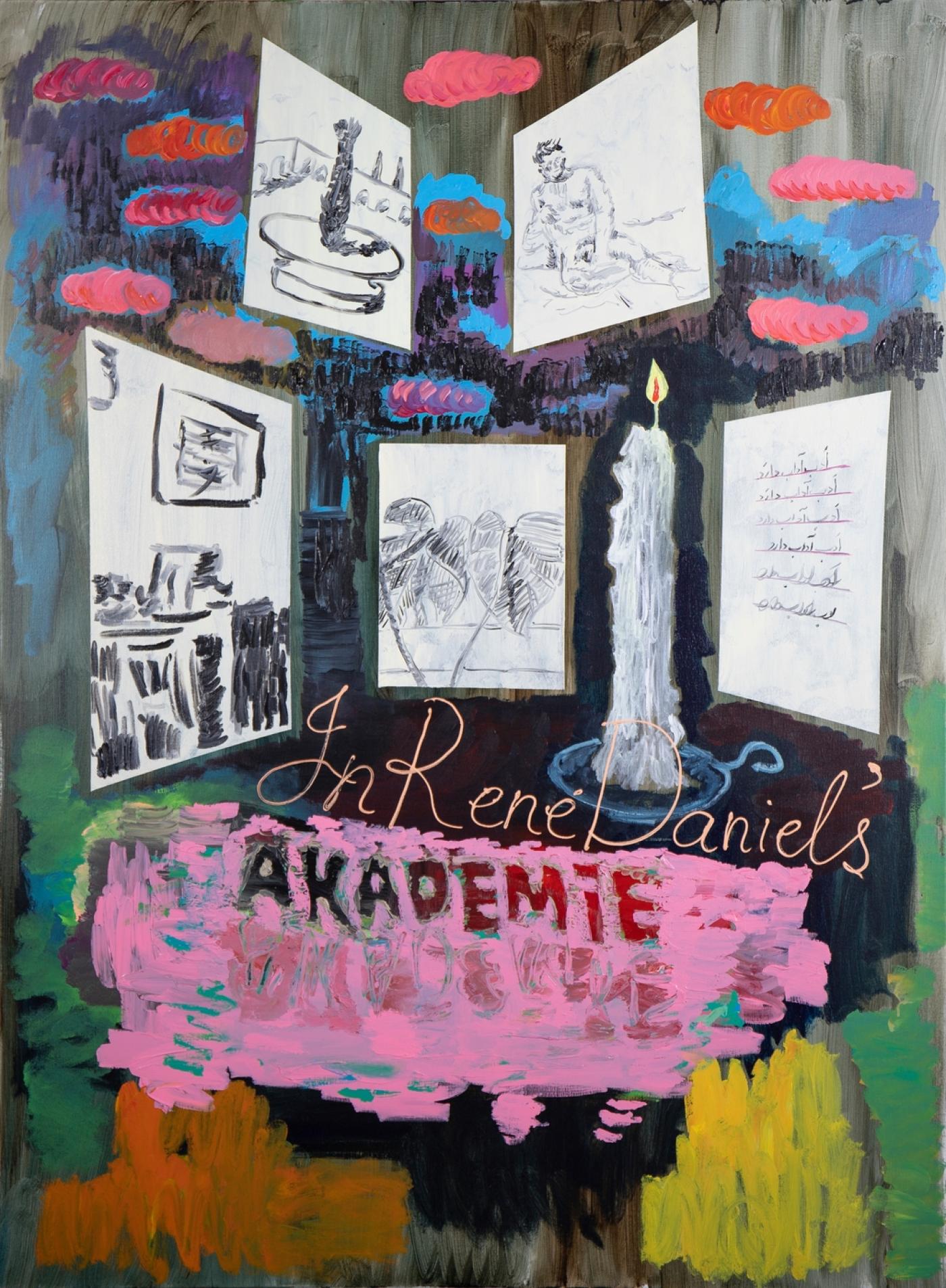 Sam Samiee, "Al-Hazen A La Daniels With Reminder on Adab", 2021, acrylique sur toile, 200 x 140 cm.
