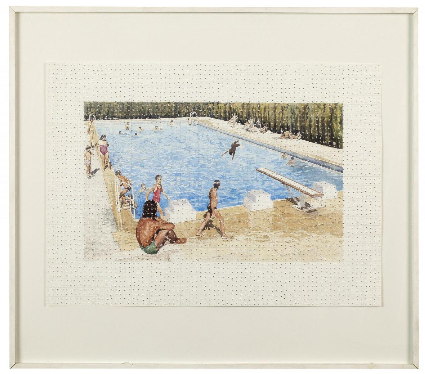 Angus Fairhurst, " Diver and Pool " , Royaume-Uni, 1993, aquarelle sur papier avec trous de perceuse, 54 x 74.50 cm. Acheté par l’intermédiaire de Karsten Schubert Ltd (Londres) en 1993.