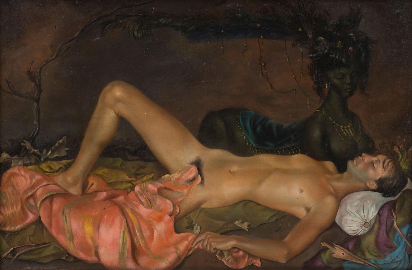 Leonor Fini, « Divinité chtonienne guettant le sommeil d'un jeune homme » , 1946, huile sur toile, 27,9 × 41,2 cm. Francis Naumann, Francis Naumann Fine Art &amp; Rowland Weinstein, Weinstein Gallery.