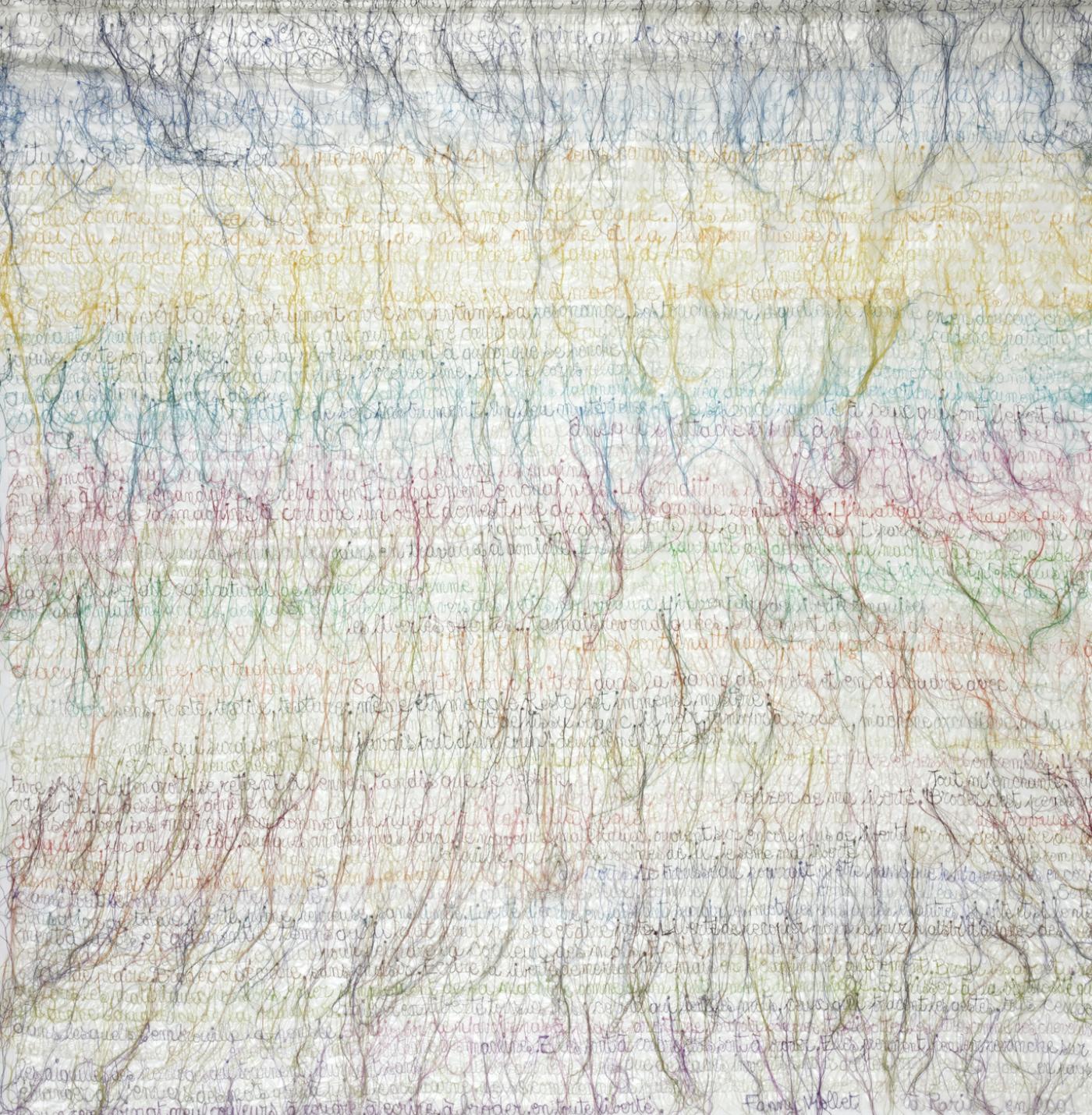 Fanny Viollet, "Fil Free", 2001, broderie en piqué libre sur vinyle transparent, 129 x 129 cm.
