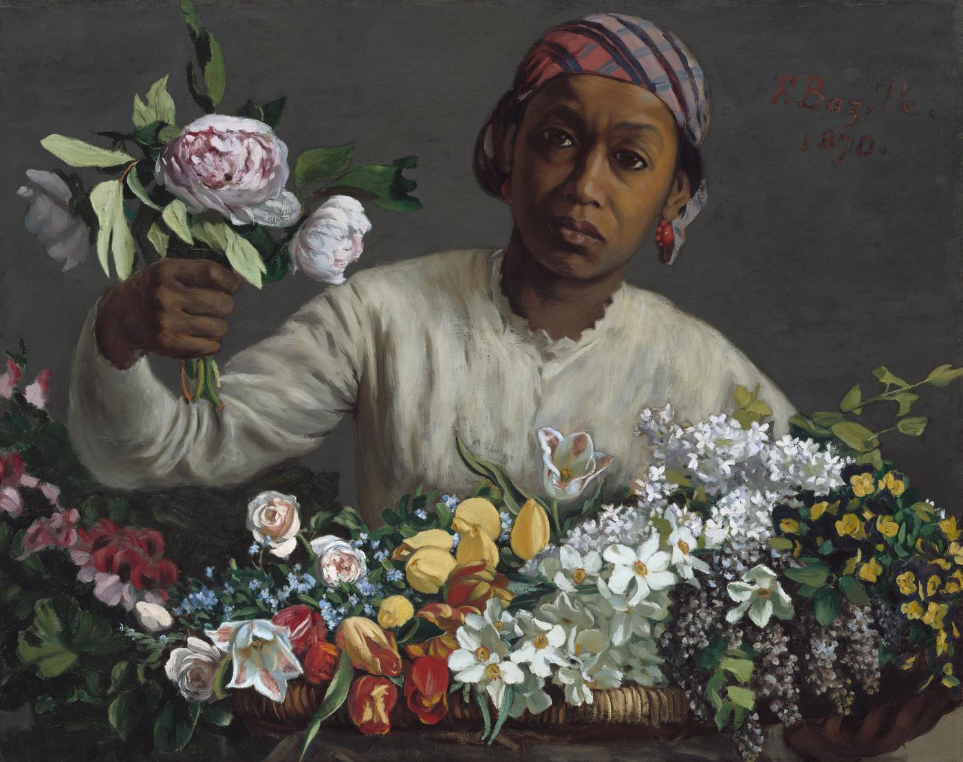 Frédéric Bazille, Femme aux pivoines, 1870, initialement intitulé Négresse aux pivoines, huile sur toile, 60 × 75 cm, coll. Washington, National Gallery of Art, collection de M. et Mme Paul Mellon, 1983.
