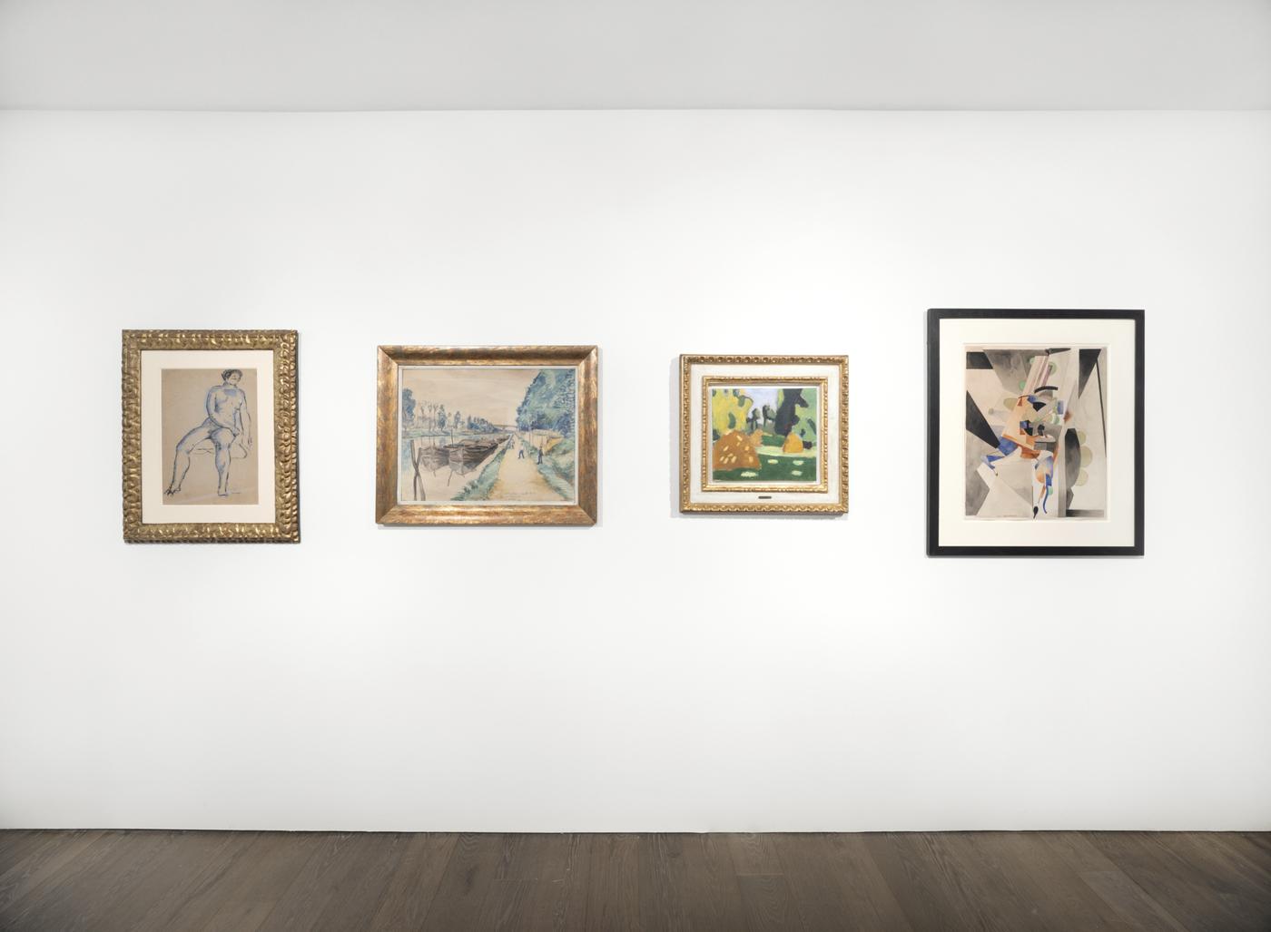 Vue de l'exposition "Air de New York", galerie 1900-2000.
De gauche à droite :
Marcel Duchamp, "Nu assis", 1910-1911,
Francis Picabia, "Canal de St. Mammes à Moret", 1904, "Les meules", vers 1911 et "En badinant", 1914.