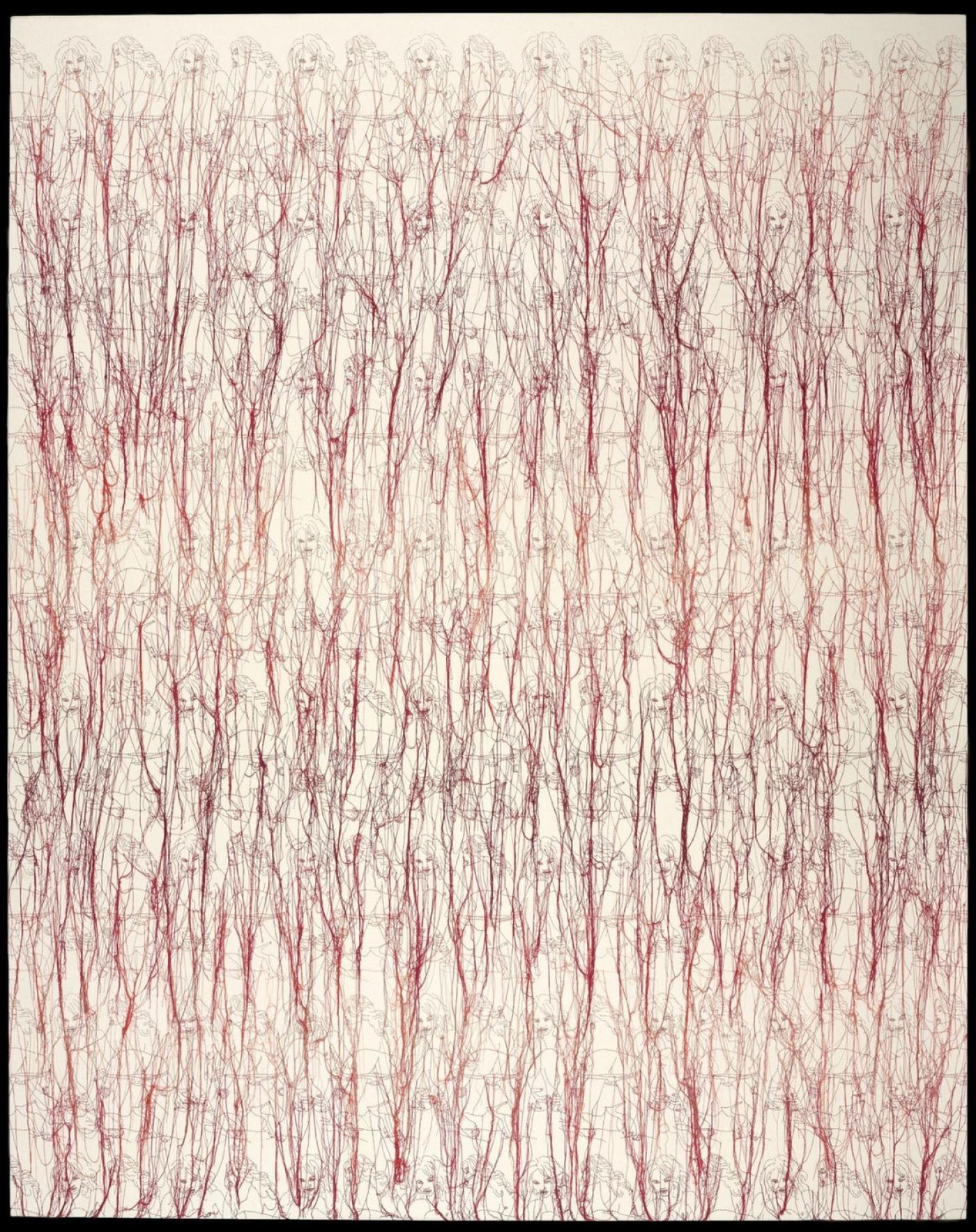 Ghada Amer (Américaine, née en Egypte, 1963). Heather’s Dégradé, 2006.
Broderie, gel sur toile
198.1 × 157.5 × 3.8 cm.
Brooklyn Museum; Frank L. Babbott Fund, Mary Smith Dorward Fund, William K. Jacobs, Jr. Fund, and Florence B. and Carl L. Selden Fund, 2013.50.1.