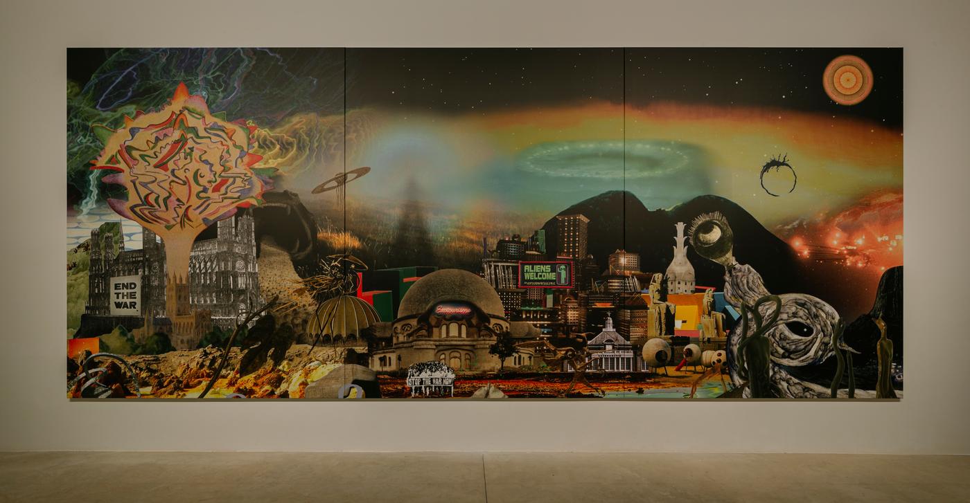 Dominique Gonzalez-Foerster, "métapanorama", 2023, tryptique, impression pigmentaire UV sur lin apprêté à la main, 315 x 750 cm. Pièce unique.
Galerie Albarrán Bourdais (Marid).