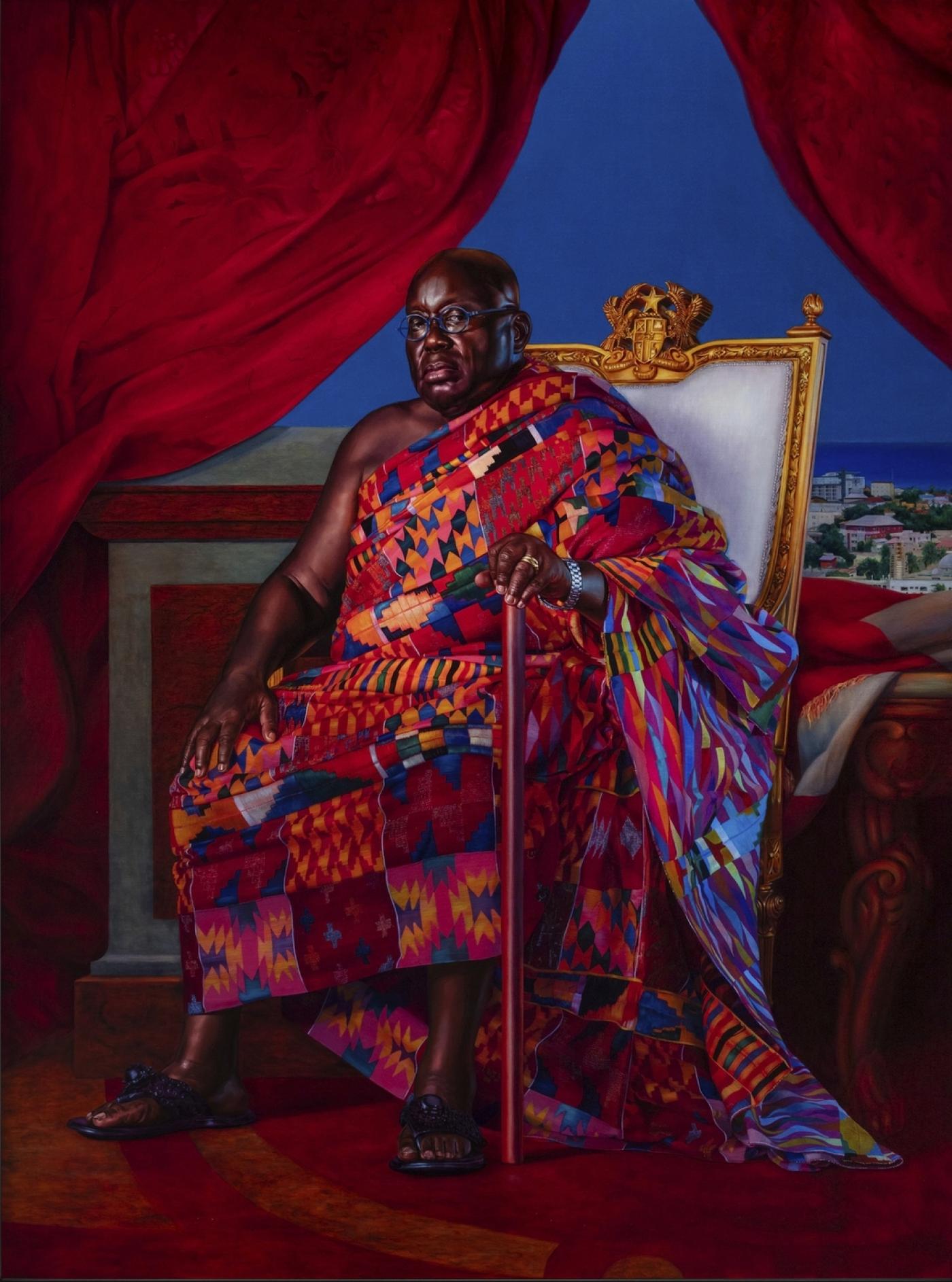 Kehine Wiley, Portrait de Nana Akufo-Addo, président du Ghana. Œuvre présentée dans l’exposition « Kehinde Wiley, Dédale du pouvoir » au musée du Quai Branly - Jacques Chirac à Paris en 2023-2024.