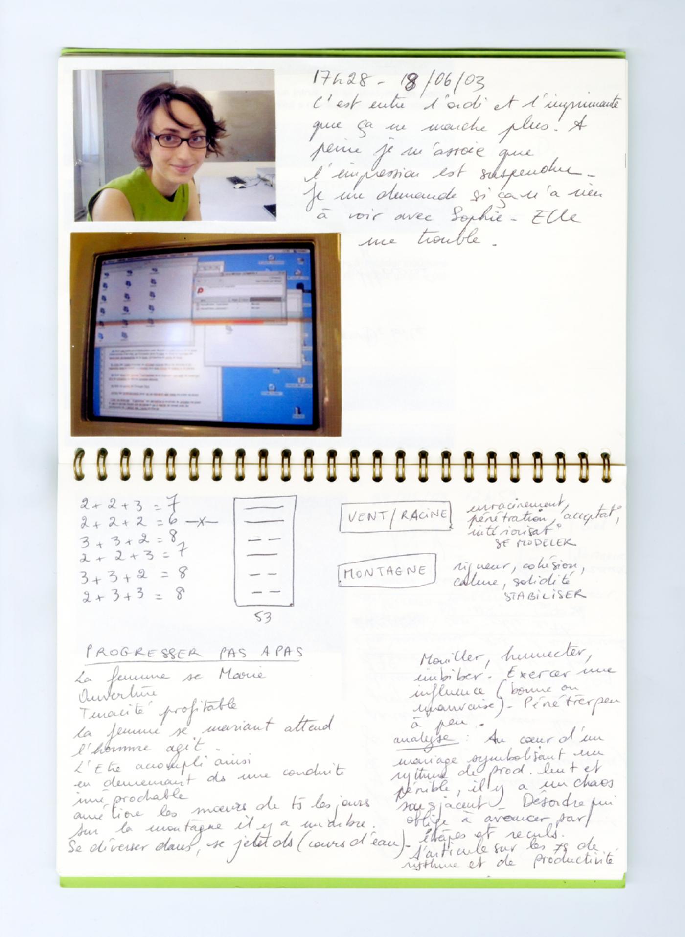 Alexandra David, "Carnet des bugs", 2003, carnet à spirales, 16 pages, 21x15,5 cm.
Répertoire des incidents informatiques quotidiens et résultat du yi-king tiré pour connaître les énergies à ce moment précis.