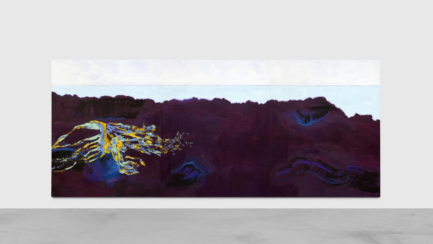 Marine Wallon, "Umi-Hotaru",2024, triptyque, huile sur toile 200 x 480 cm.