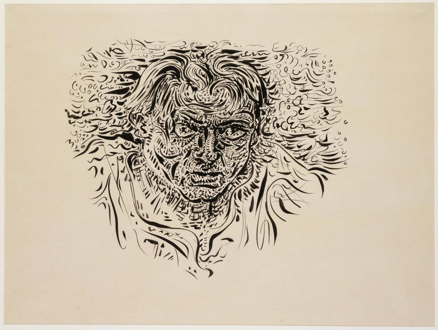 André Masson, "Mon portrait au torrent", 1945 , encre de Chine sur papier, 47,6 x 60,7 cm. Paris, Centre Pompidou, Musée national d’art moderne.