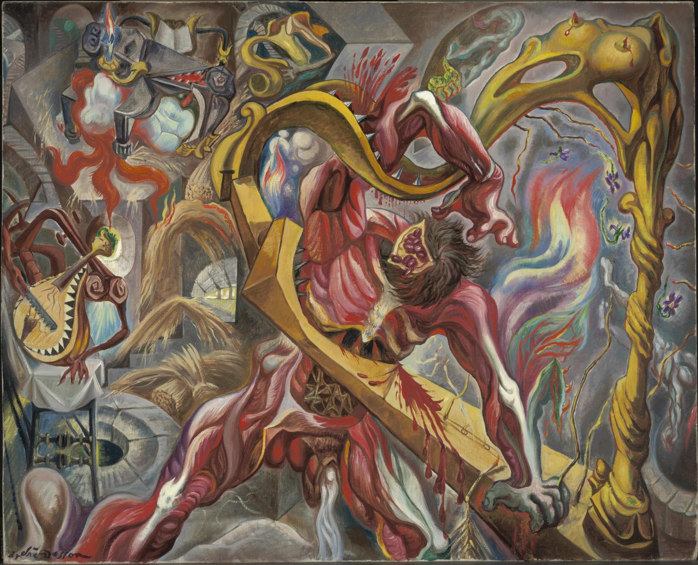 André Masson, "Dans la tour du sommeil", 1938, huile sur toile, 81,3 × 100,3 cm.   The Baltimore Museum of Art.