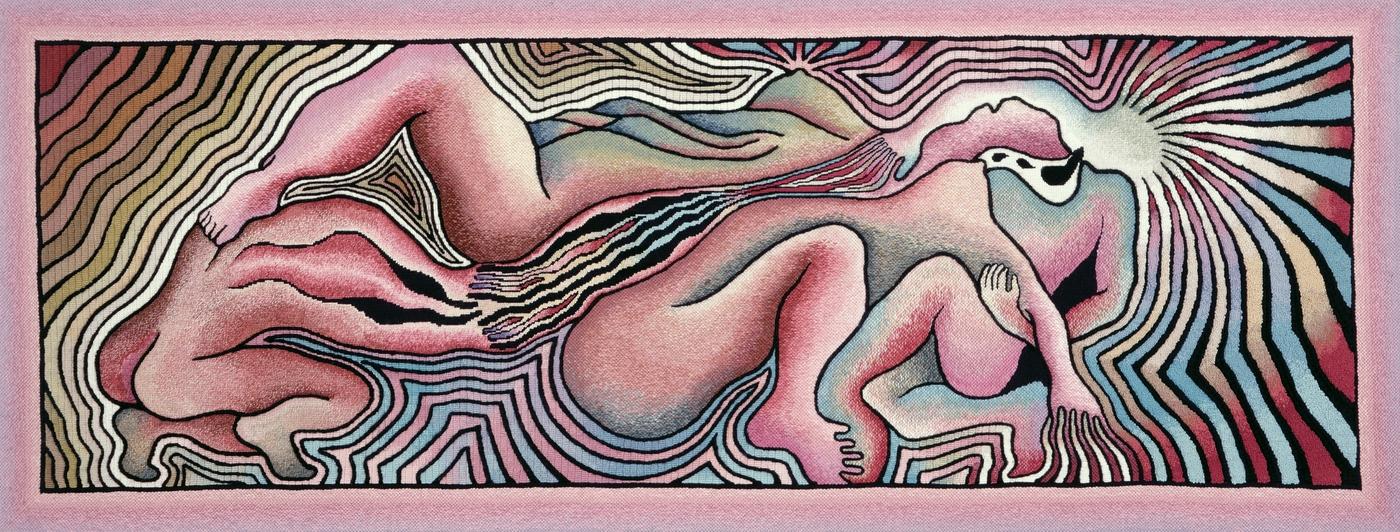 Judy Chicago, "Birth Trinity, du Birth Project", 1983, points d’aiguille sur toile, travail à l’aiguille de Susan Bloomenstein, Elizabeth Colten, Karen Fogel, Helene Hirmes, Bernice Levitt, Linda Rothenberg,et Miriam Vogelman, 129,5 x 330,2 cm.The Gusford Collection.