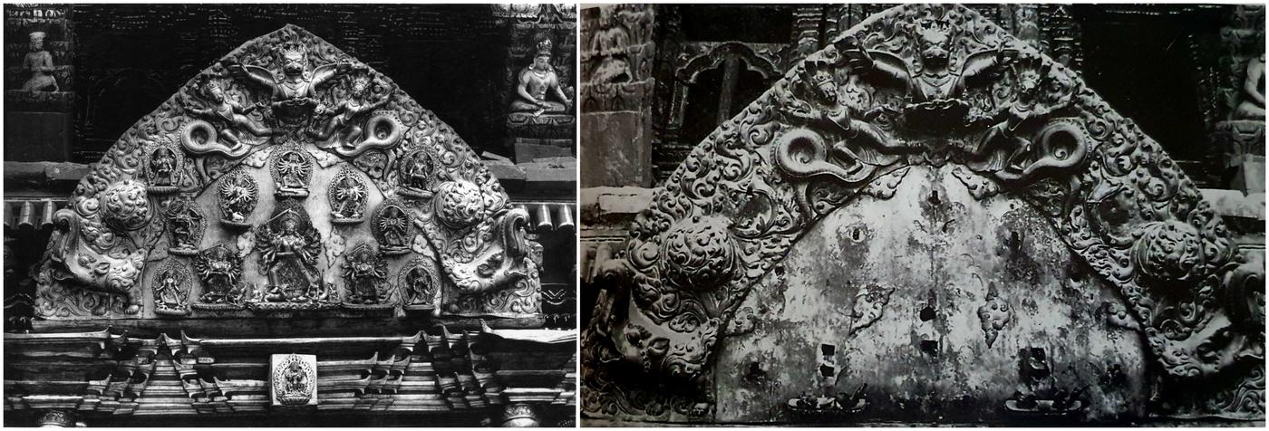 A gauche : La torona originale sur une porte d&amp;#039;un palais situé sur la place Darbâr de Patan. A droite : la porte après que les 12 statuettes aient été volées en 1984. à K The original torona over a door in Mulchok of Patan Darbar Square in early 70s. Photo: ARCHAEOLOGICAL SURVEY OF INDIA. And after the 12 gilded bronze figures were stolen from the frieze in 1984. Photo: ELFRIEDE MOELLER.