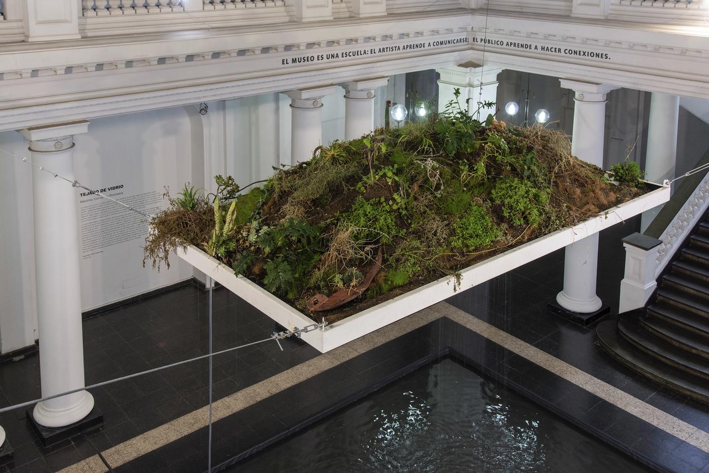 Máximo Corvalán-Pincheira, Tejado de Vidrio (Glass Roof), 2023, lumière naturelle, verre, métal, terre, graines, eau, bois et pompe à eau.Installation au MAC, musée d’art contemporain à Santiago.