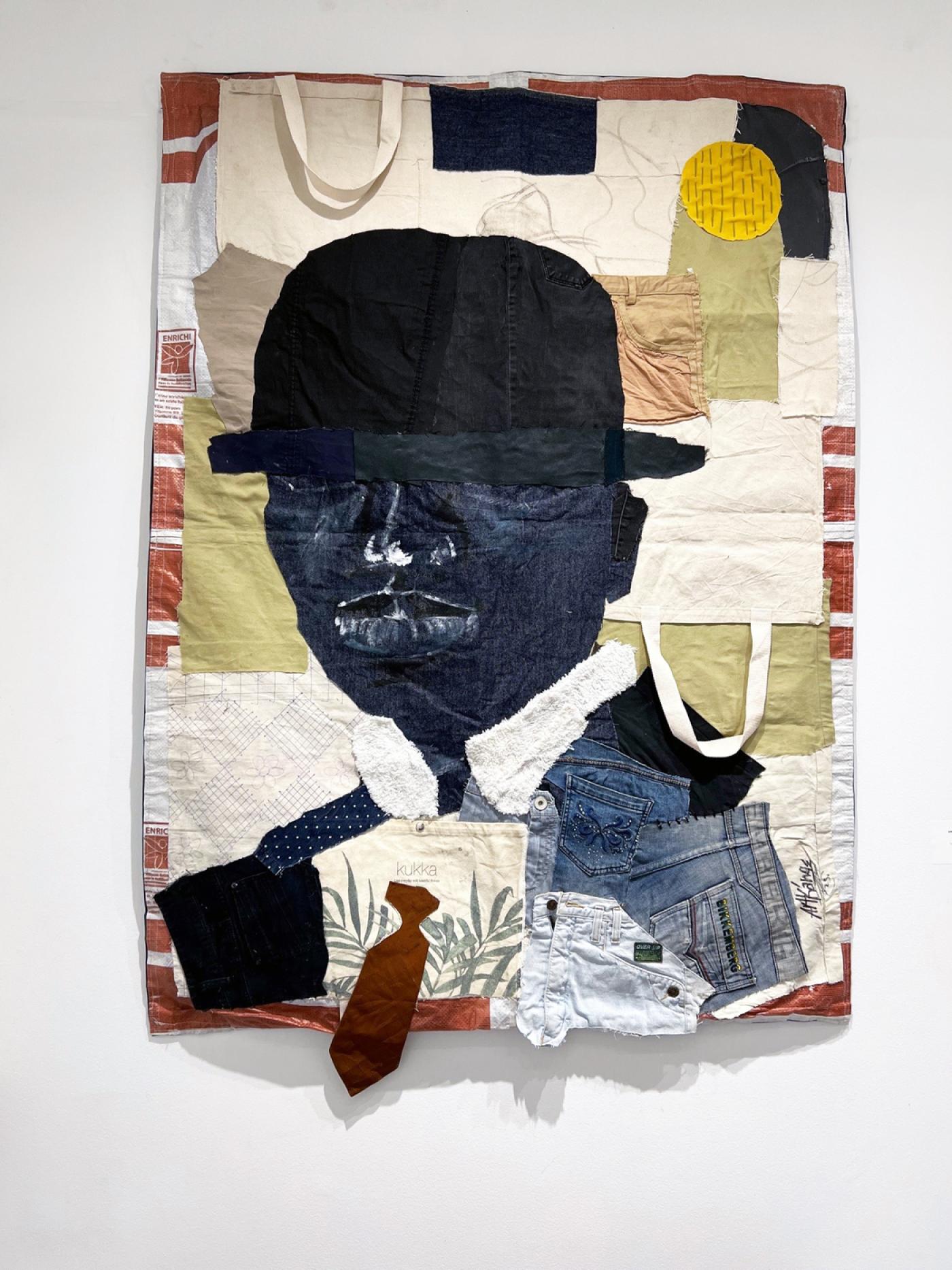 Ange Arthur Koua, "Le Baron", 2023, textile cousu et collé, 150 x 110 cm.Galerie Waltman (Paris, Miami).