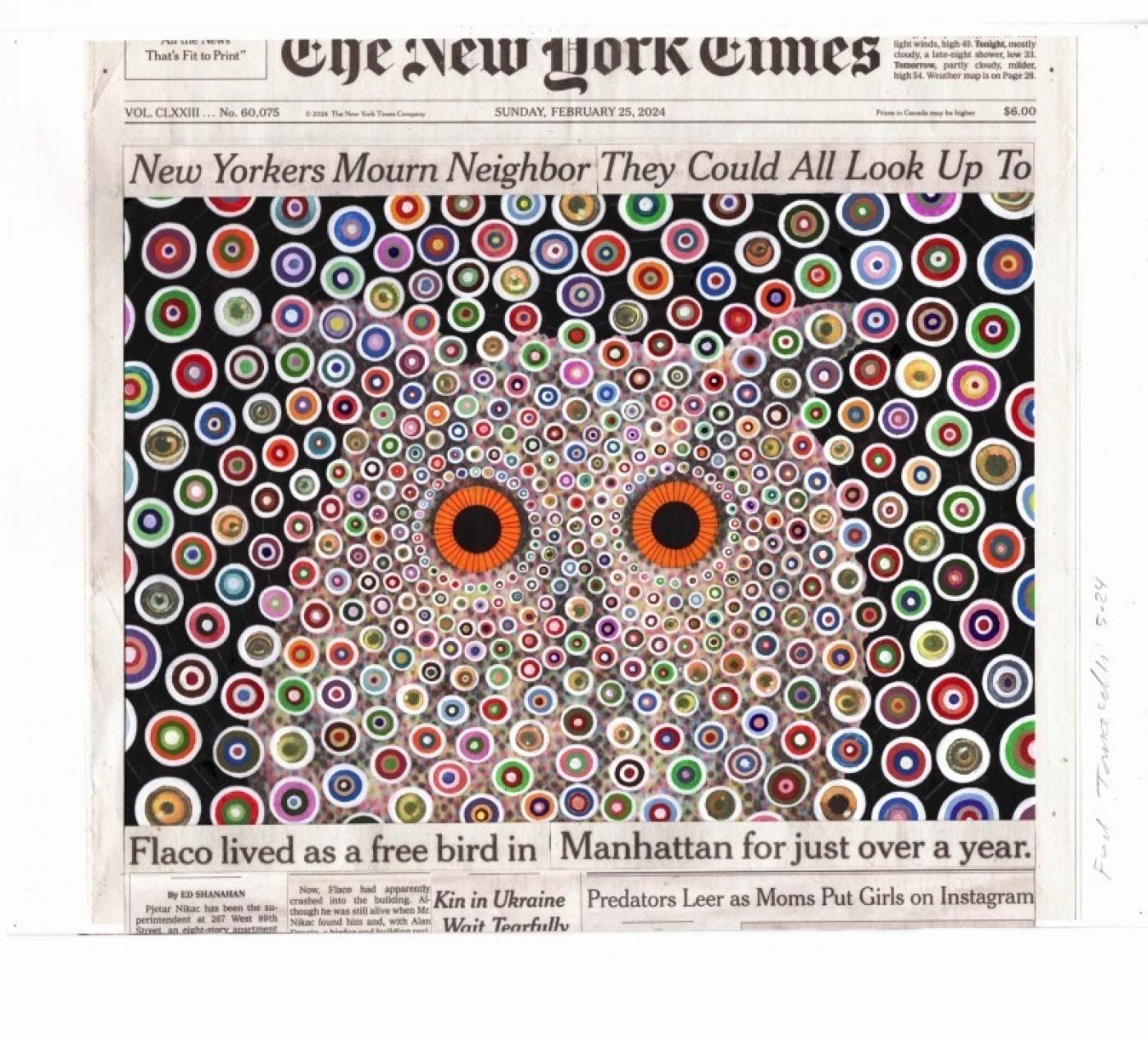 Fred Tomaselli, February 25, 2024, 2024, gouache, photo collage et impression jet d&amp;#039;encre d&amp;#039;archivage sur papier aquarelle, 27,9 × 35,6 cm. Mise aux enchères dans le cadre de la vente "Artists for Kamala".