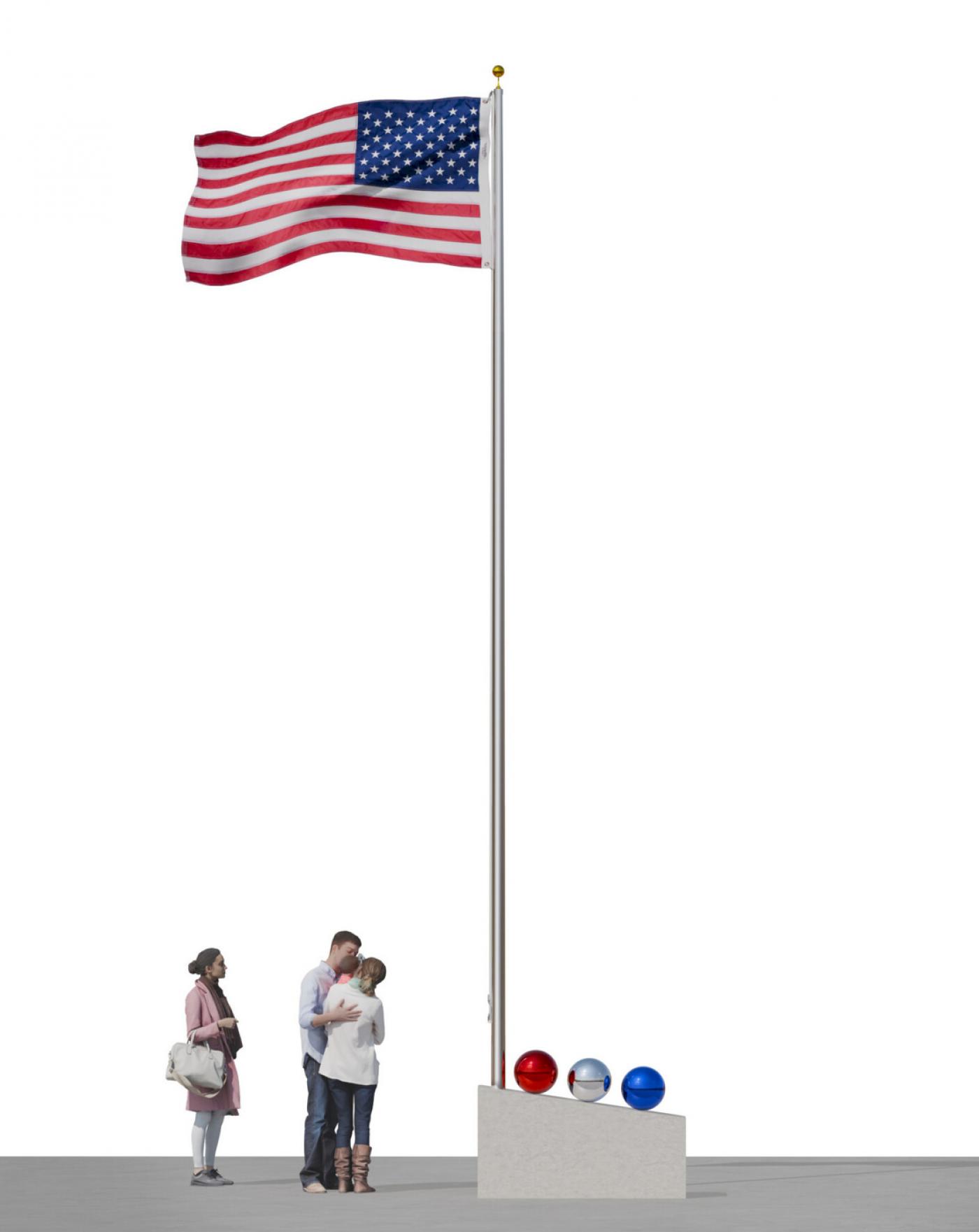 Jeff Koons, American Flagpole (Gazing Balls), 2024, drapeau américain, mât en aluminium, corde, béton et boules, 762 × 43,2 × 142,9 cm. Mise aux enchères dans le cadre de la vente "Artists for Kamala".