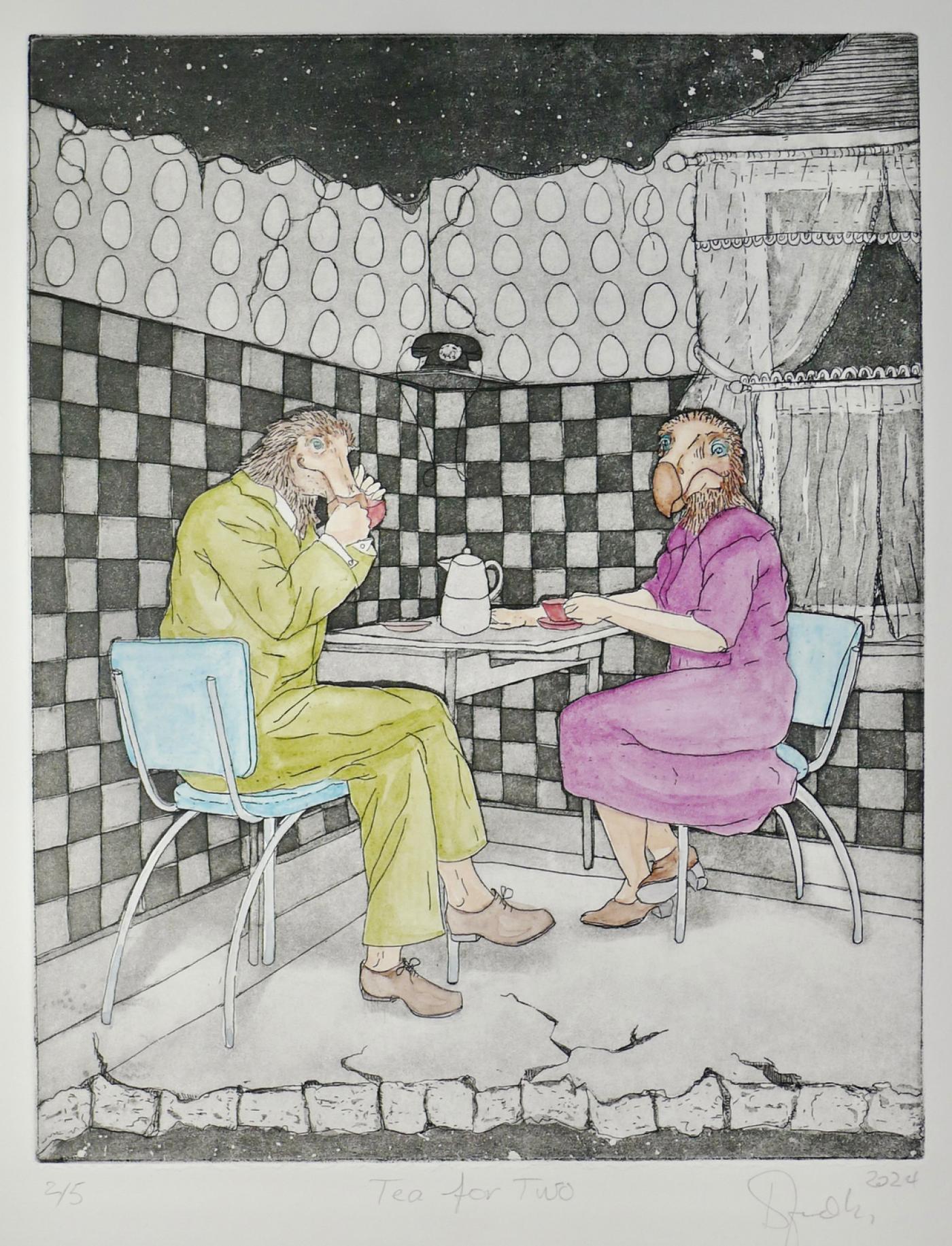 Jodes Diane, "Tea for Two", eau forte, aquatinte.Empreinte atelier de gravure (Luxembourg).