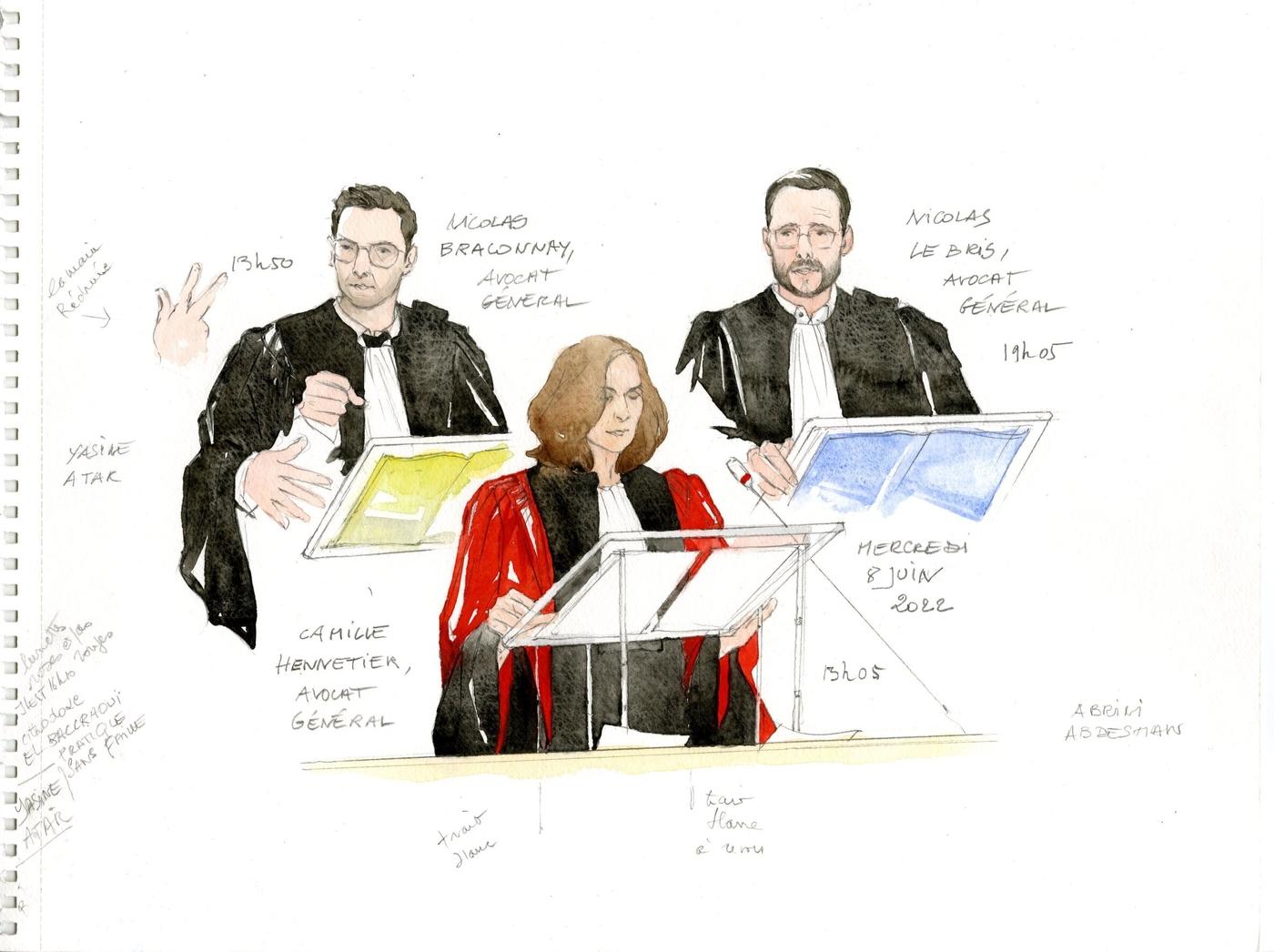 Noëlle Herrenschmidt, Croquis d’audience, 24 août 2021, papier canson, aquarelle, mine de graphite.