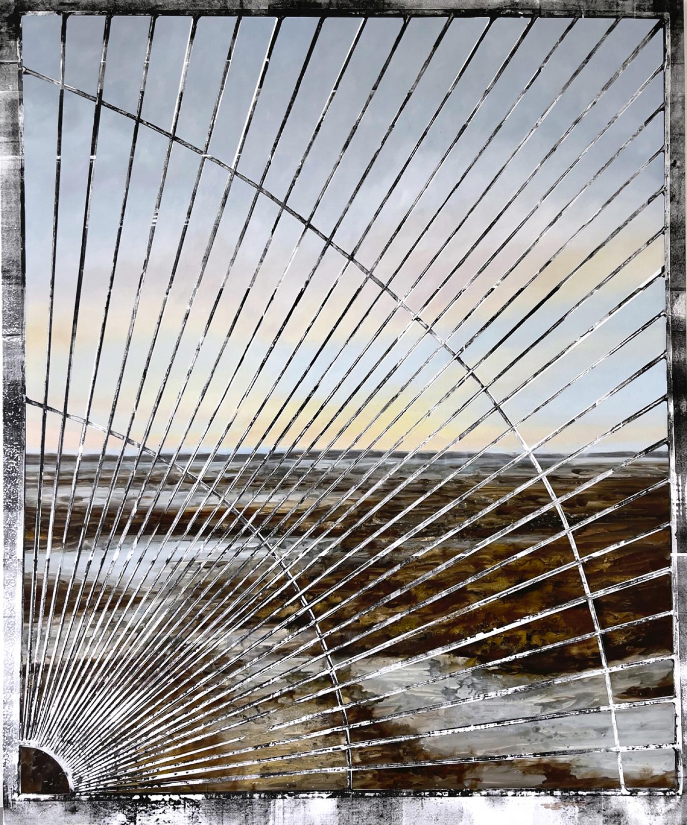 Eva Nielsen, Doline (Alluvions), 2023, huile, encre, acrylique sur sérigraphie sur toile, 230 x 190 cm.