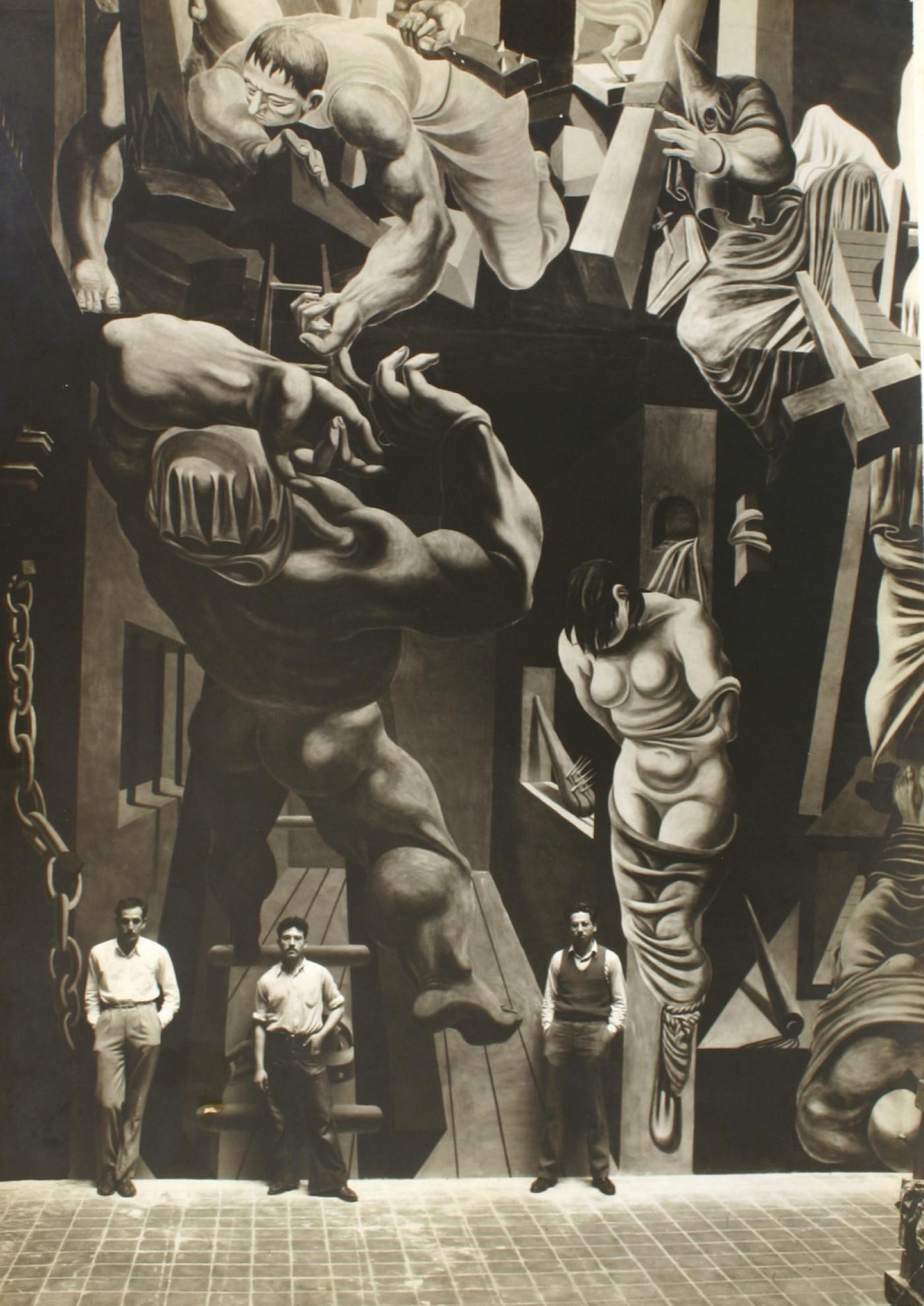 Philip Guston, Reuben Kadish et Jules Langsner devant la fresque, The Struggle Against Terrorism, vers 1934.