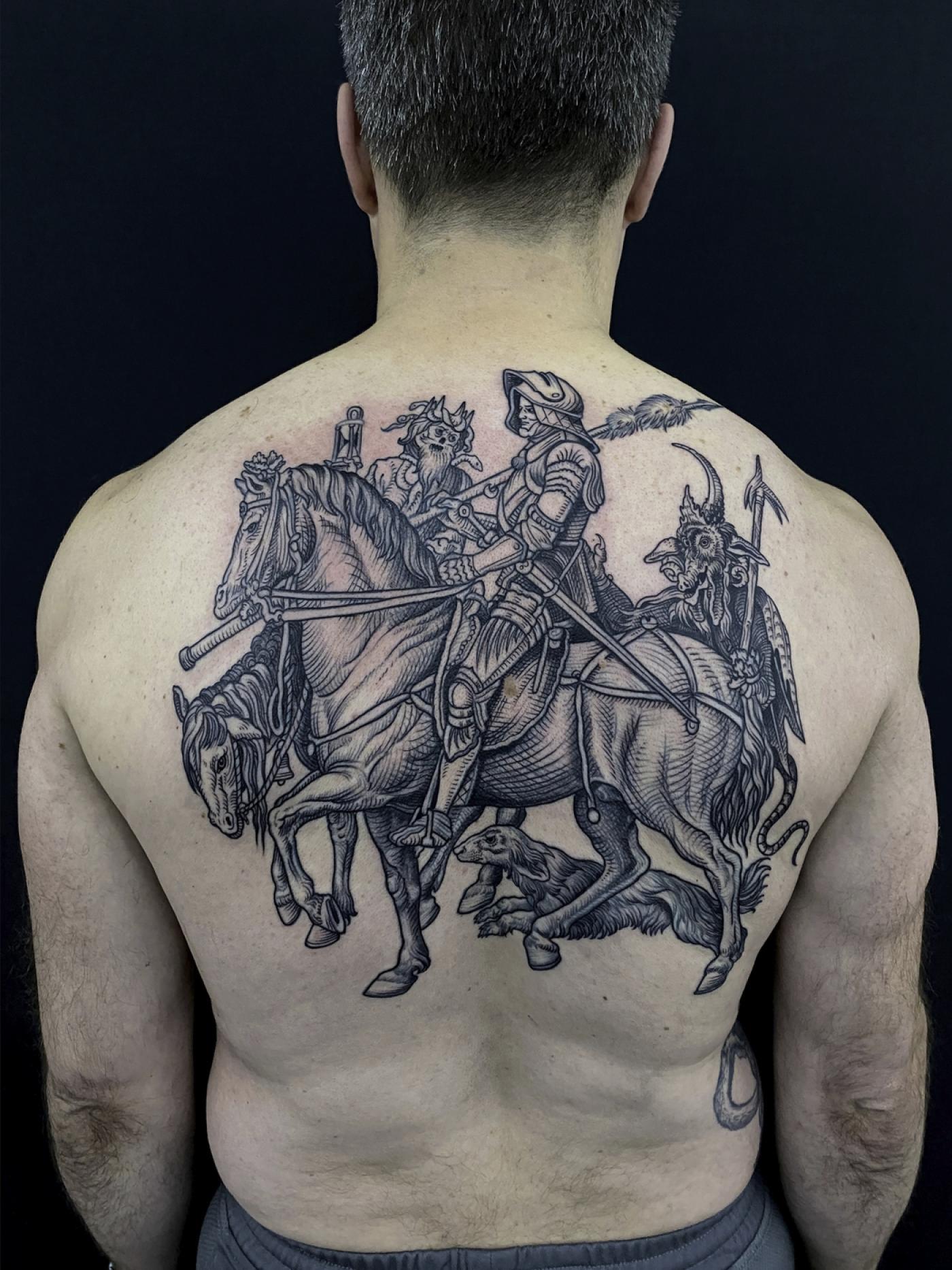 Un tatouage inspiré d’une œuvre d’Albrecht Dürer réalisé par Maud Dardeau lors de l’exposition « Dürer under your skin: Tattoo Art » à la maison-musée d&amp;#039;Albrecht Dürer à Nuremberg en 2024.