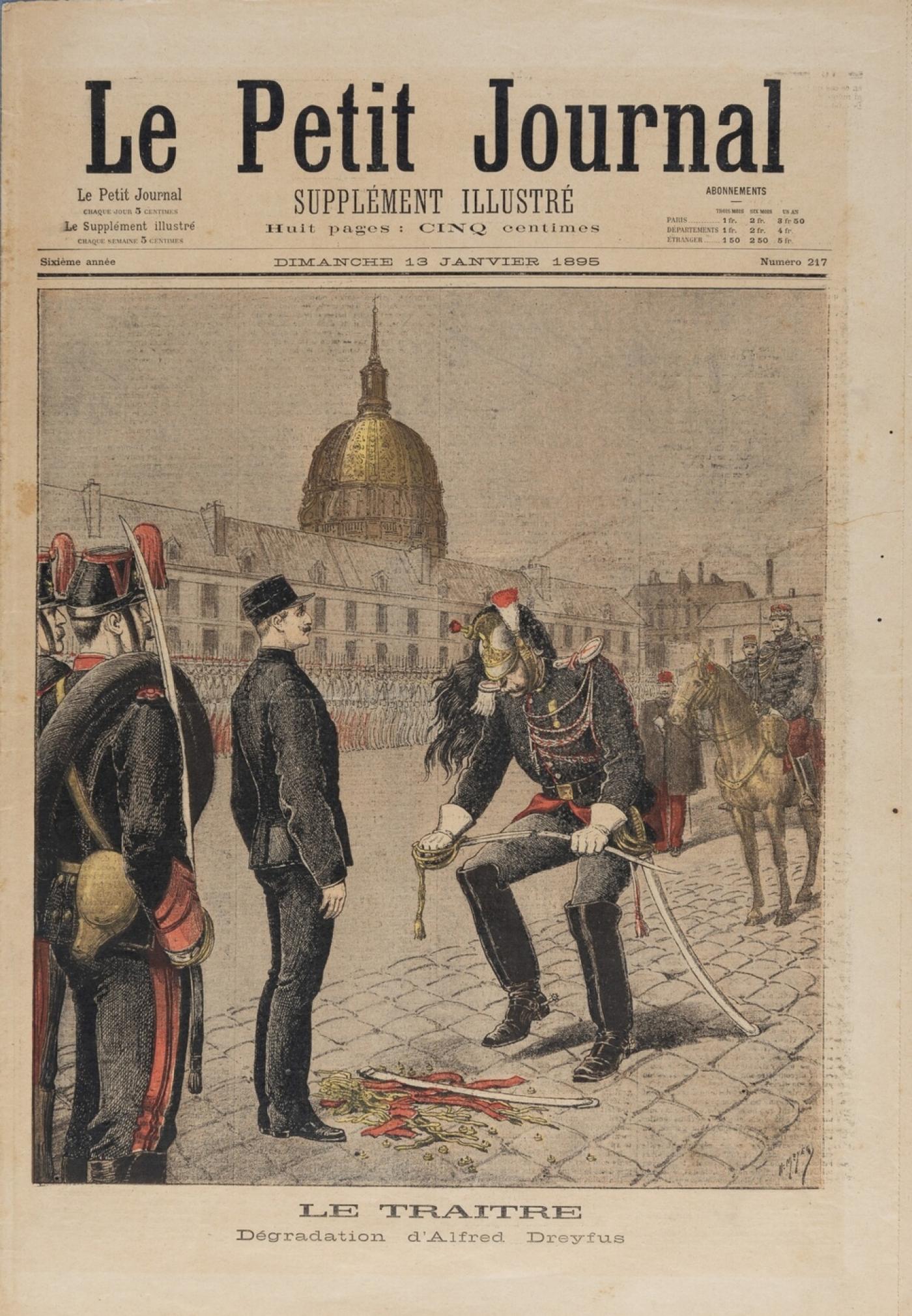 Henri Meyer (illustration), « Le Traître. Dégradation d&amp;#039;Alfred Dreyfus », Le Petit Journal, supplément illustré, 13 janvier 1895, impression couleur sur papier, 32,7 x  27,5 cm.