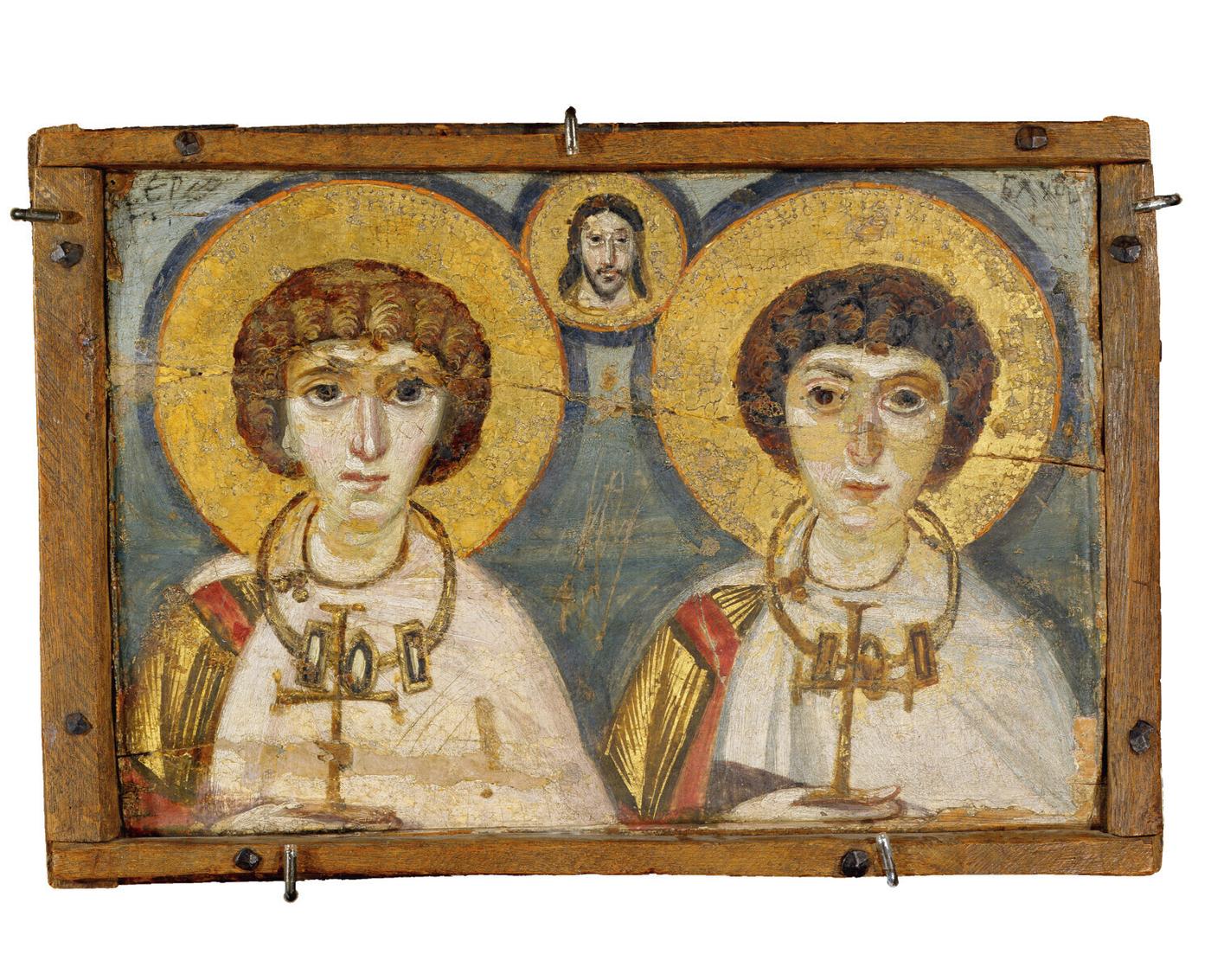 Une icône de Saint Serge et Saint Bacchus datant du VI-VIIème siècle originaire du Monastère du mont Sinaï. Œuvre présentée dans l’exposition « Aux origines de l'image sacrée. Icônes du musée national des arts Bohdan et Varvara Khanenko de Kyiv » au musée du Louvre à Paris en 2023.