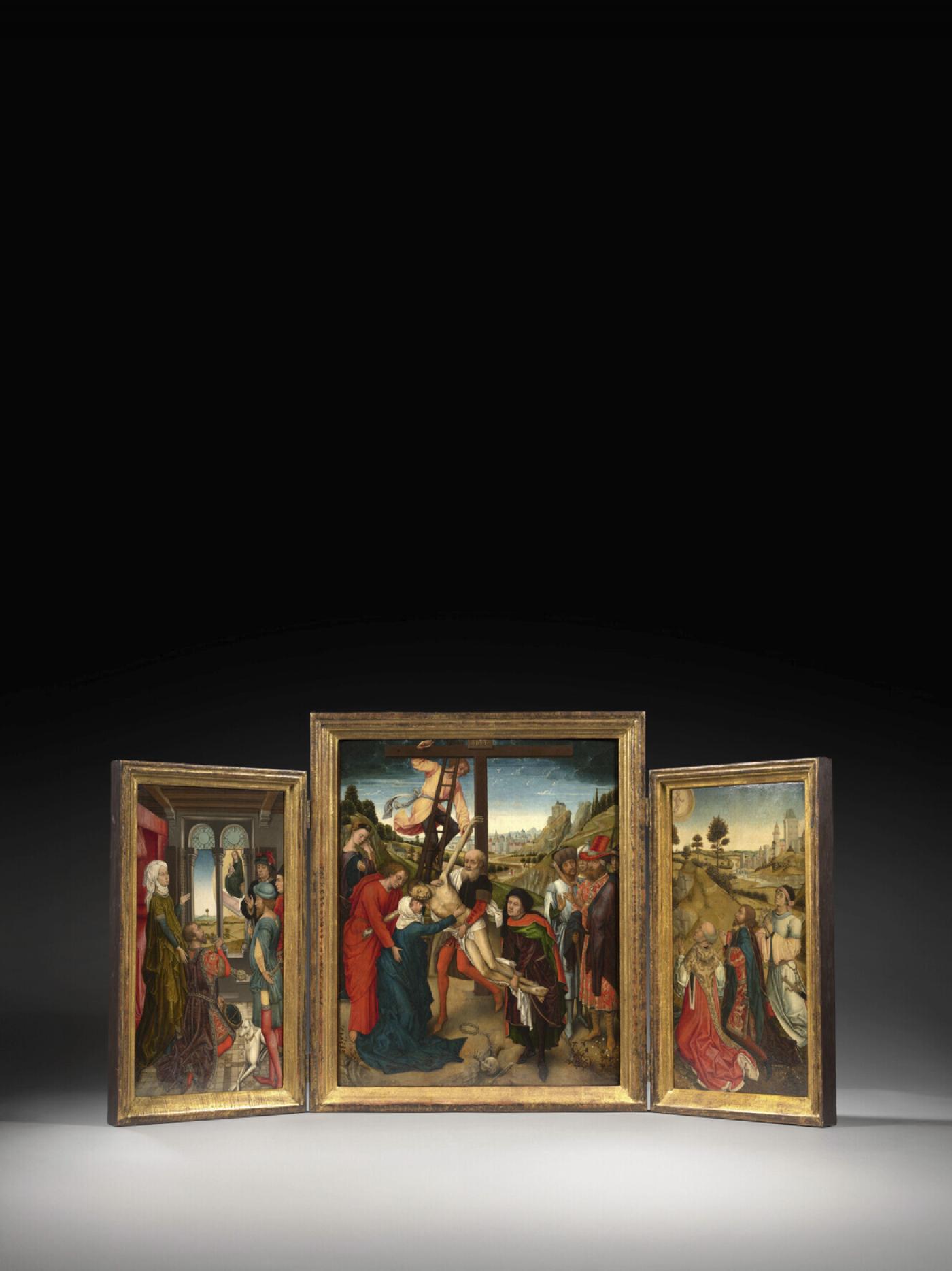 Lot n°10 adjugé lors de la vente aux enchères « Entre Ciel & Terre. Chefs d’œuvres d’une collection française » le 30 avril dernier chez Artcurial. Vrancke van der Stockt, Panneau central : La Descente de Croix, Panneau latéral gauche : L’Empereur Auguste et la sybille de Tibure (recto) et La découverte de la Vraie Croix par Sainte Hélène (verso), Panneau latéral droit : La vision des rois mages (recto) et Héraclios rapporte la Vraie Croix à Jérusalem après son vol par les Perses (verso), triptyque recomposé, huile et tempera sur panneaux de chêne.Vendu : 1 042 400 € frais inclus.
