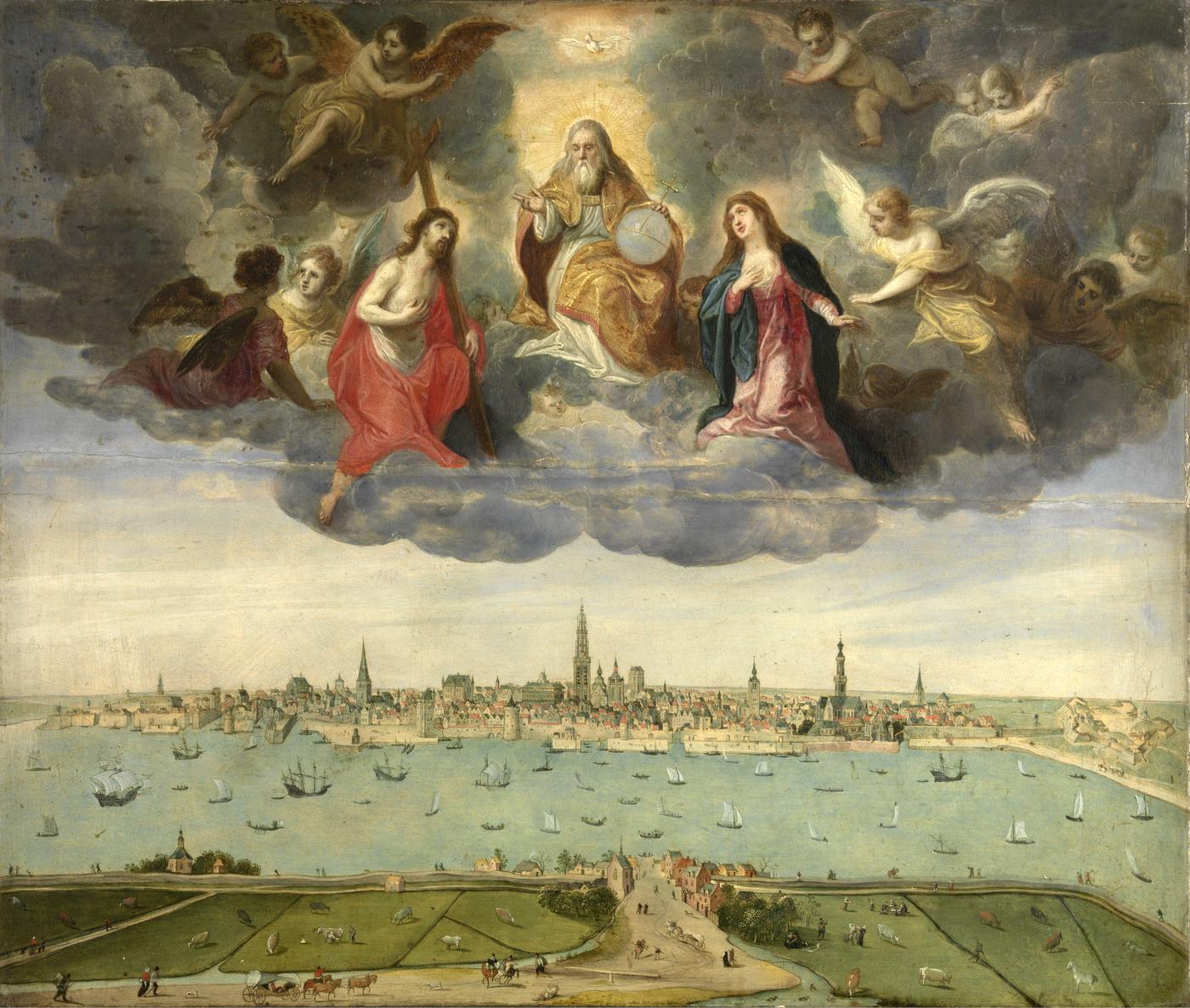 Abel Grimmer, Vue de la ville d'Anvers et d'une partie de la tête de Flandre, 1600, huile sur panneau, 37 x 44 cm.Œuvre présentée dans l’exposition « Brueghel & Van Balen, artistes et complices » musée départemental de Flandres, à Cassel jusqu’au 28 septembre.