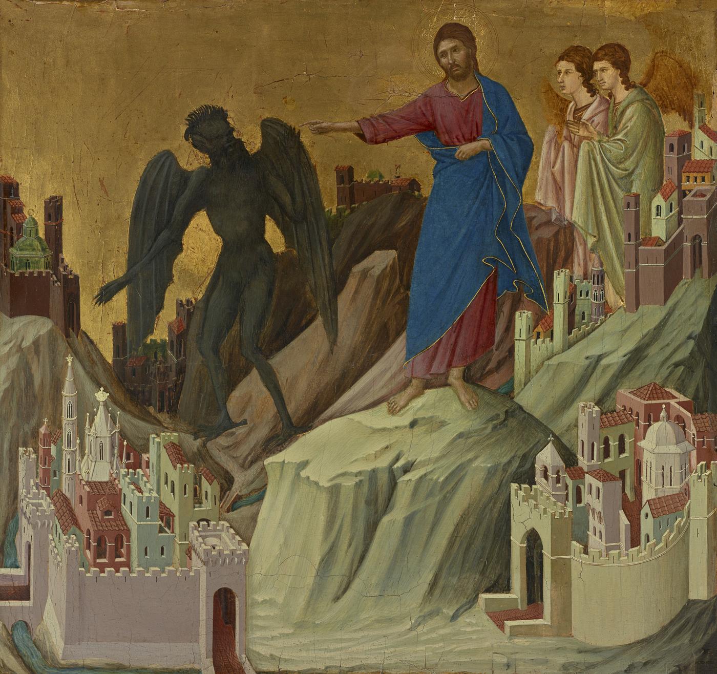 Duccio di Buoninsegna, revers de la prédelle de la "Maestà", "La Tentation du Christ sur la montagne", vers 1308-1311, tempera sur peuplier, 43,2 x 46 cm.The Frick Collection, New York.