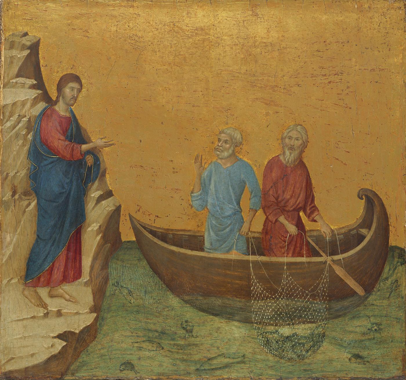 Duccio di Buoninsegna, revers de la prédelle de la "Maestà", "La Vocation de saint Pierre et saint André", vers 1308-1311, tempera sur peuplier, 43,3 x 46,2 cm.National Gallery of Art, Washington.