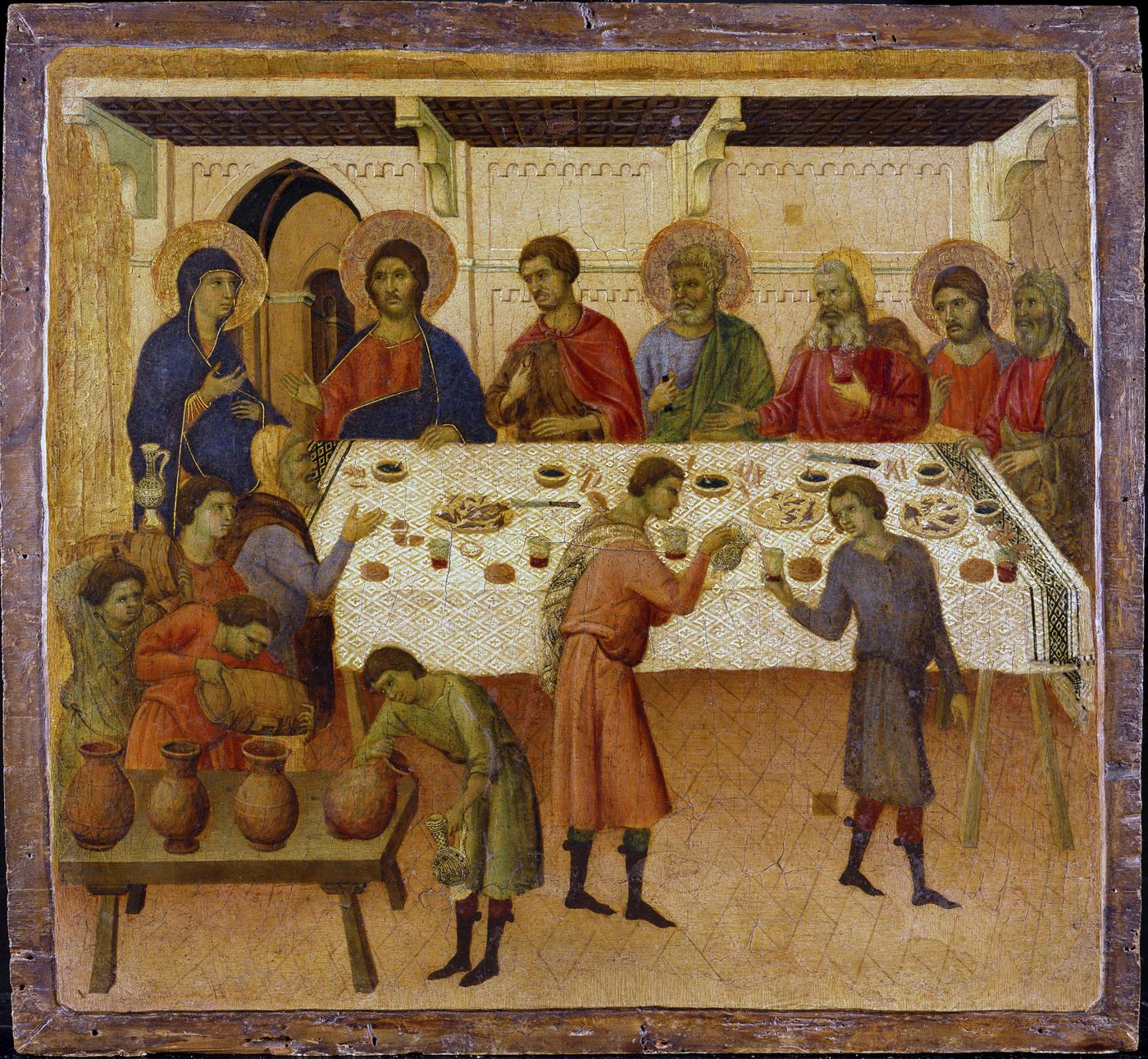 Duccio di Buoninsegna, revers de la prédelle de la "Maestà", "Les Noces de Cana", vers 1308-1311, tempera sur peuplier, 43,5 x 46,5 cm.Museo dell’Opera della Metropolitana, Sienne.