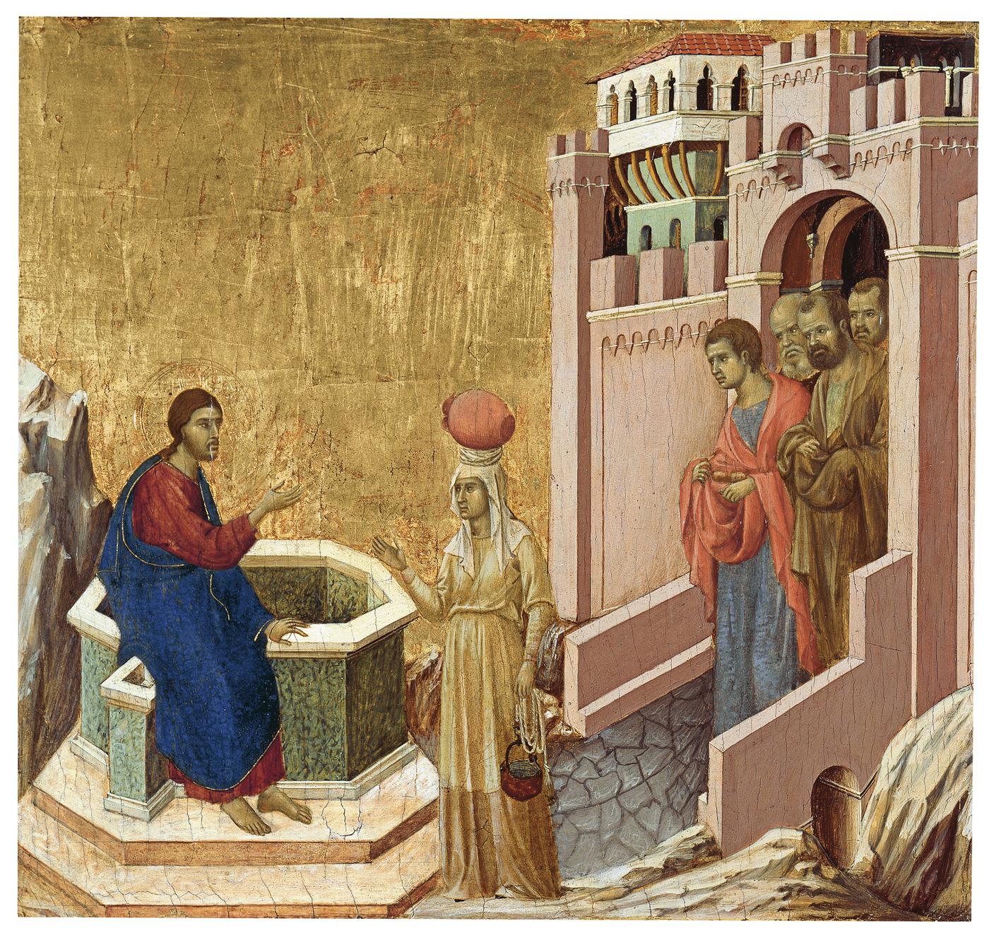 Duccio di Buoninsegna, revers de la prédelle de la "Maestà", "Jésus et la Samaritaine", vers 1308-1311, tempera sur peuplier, 43,5 x 46 cm.Musée Thyssen-Bornemisza, Madrid.