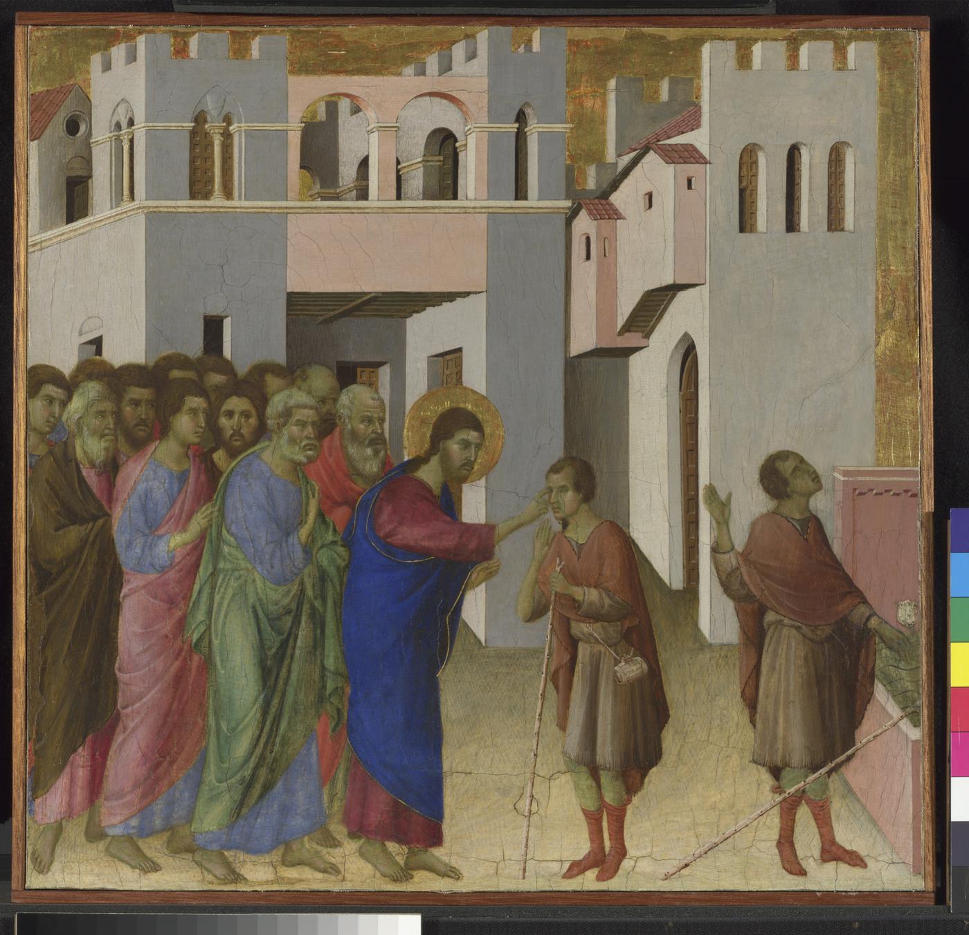 Duccio di Buoninsegna, revers de la prédelle de la "Maestà", "La Guérison de l'aveugle", 1307-1311, tempera à l'oeuf sur bois, 45,1 x 46,7 cm.The National Gallery, Londres.
